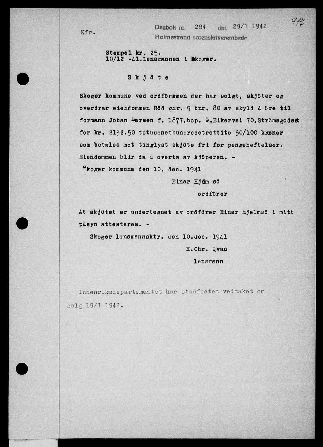 Holmestrand sorenskriveri, SAKO/A-67/G/Ga/Gaa/L0054: Mortgage book no. A-54, 1941-1942, Diary no: : 284/1942