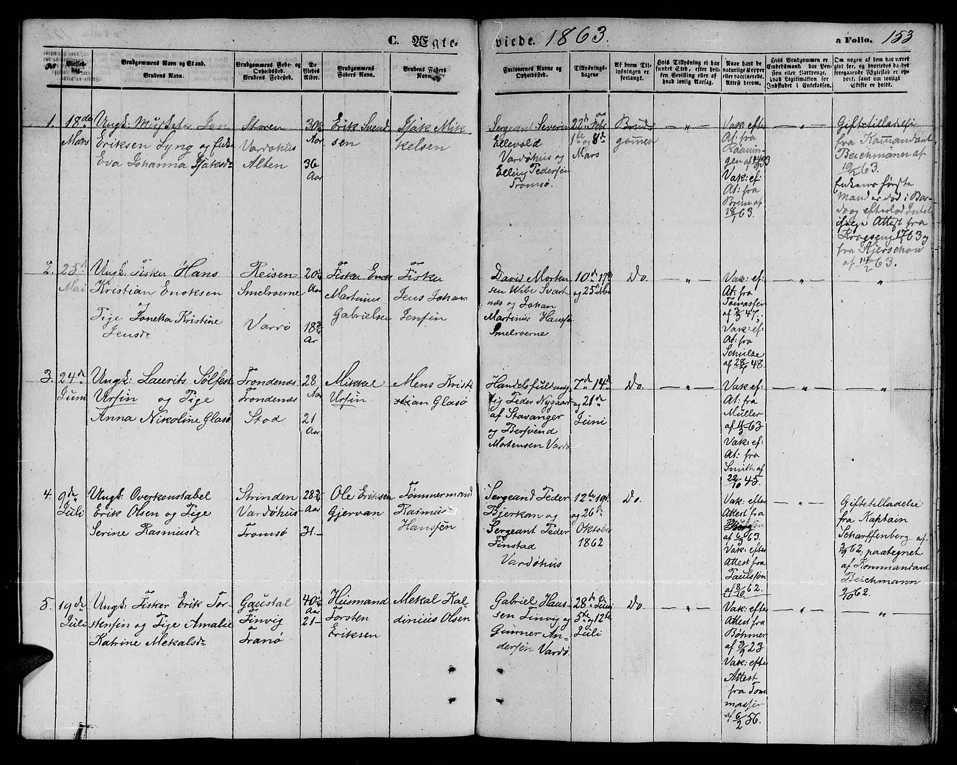 Vardø sokneprestkontor, SATØ/S-1332/H/Hb/L0002klokker: Parish register (copy) no. 2, 1861-1870, p. 153