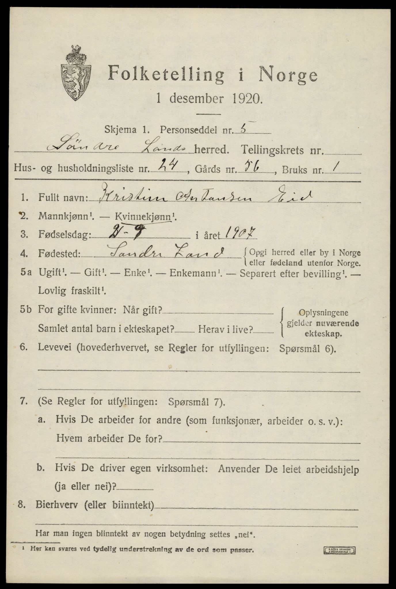 SAH, 1920 census for Søndre Land, 1920, p. 4985