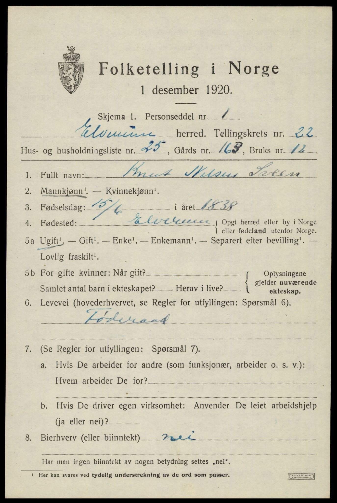 SAH, 1920 census for Elverum, 1920, p. 24922