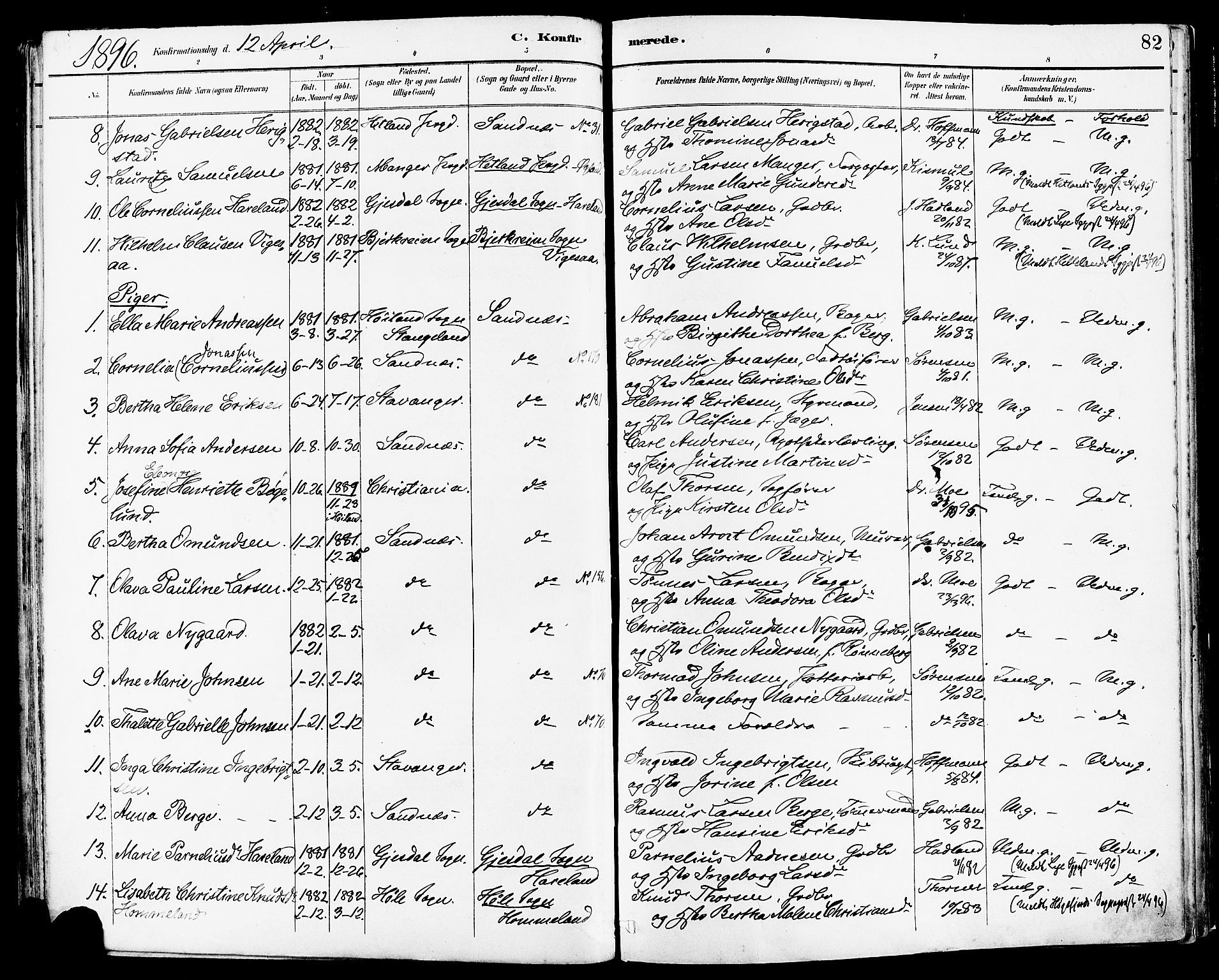 Høyland sokneprestkontor, SAST/A-101799/001/30BA/L0014: Parish register (official) no. A 12, 1890-1898, p. 82