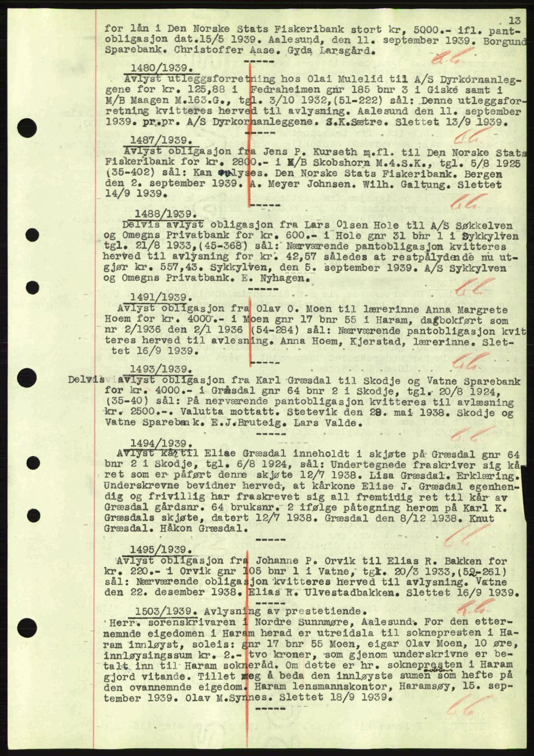 Nordre Sunnmøre sorenskriveri, SAT/A-0006/1/2/2C/2Ca: Mortgage book no. B1-6, 1938-1942, Diary no: : 1480/1939