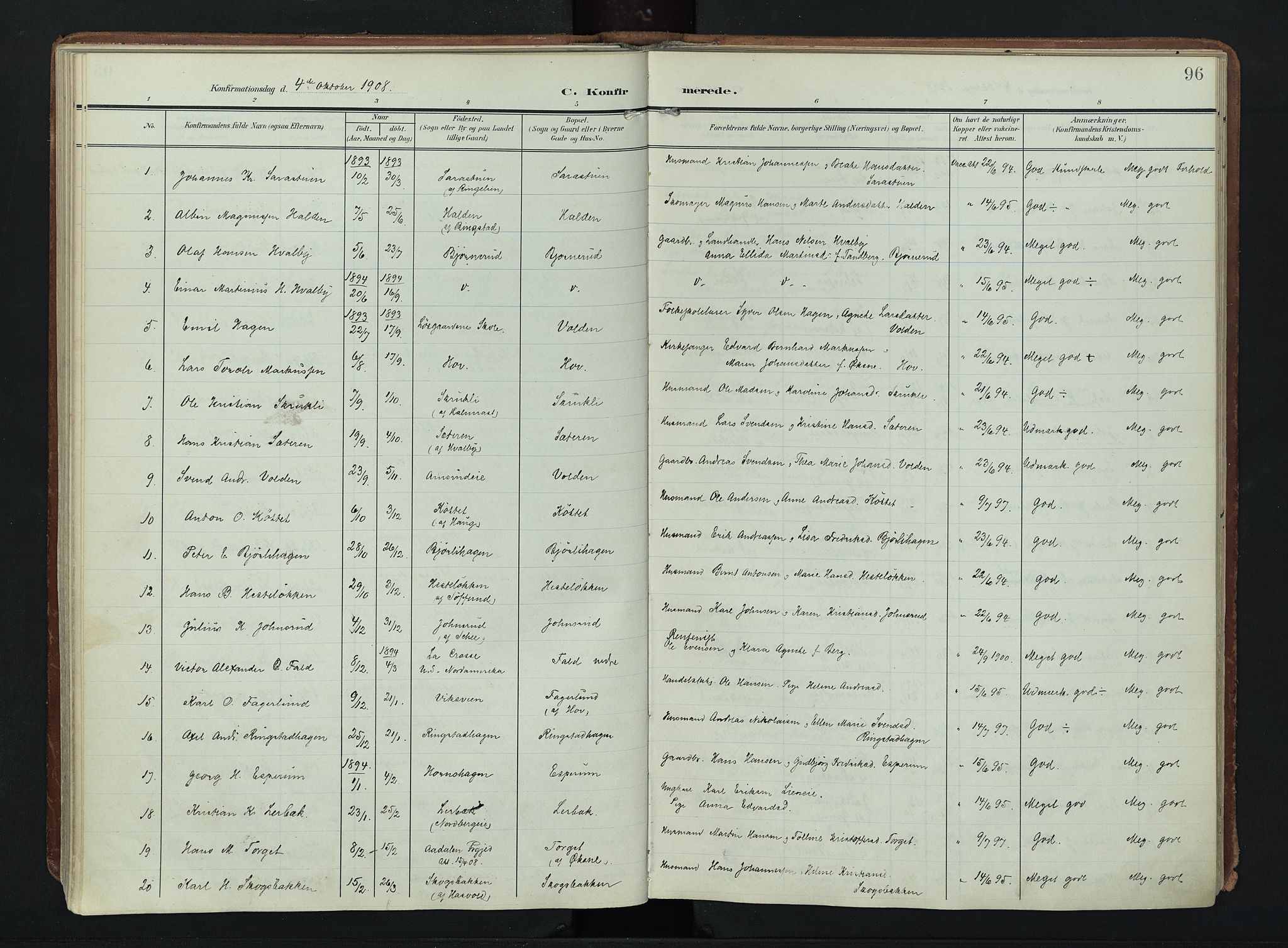 Søndre Land prestekontor, SAH/PREST-122/K/L0007: Parish register (official) no. 7, 1905-1914, p. 96