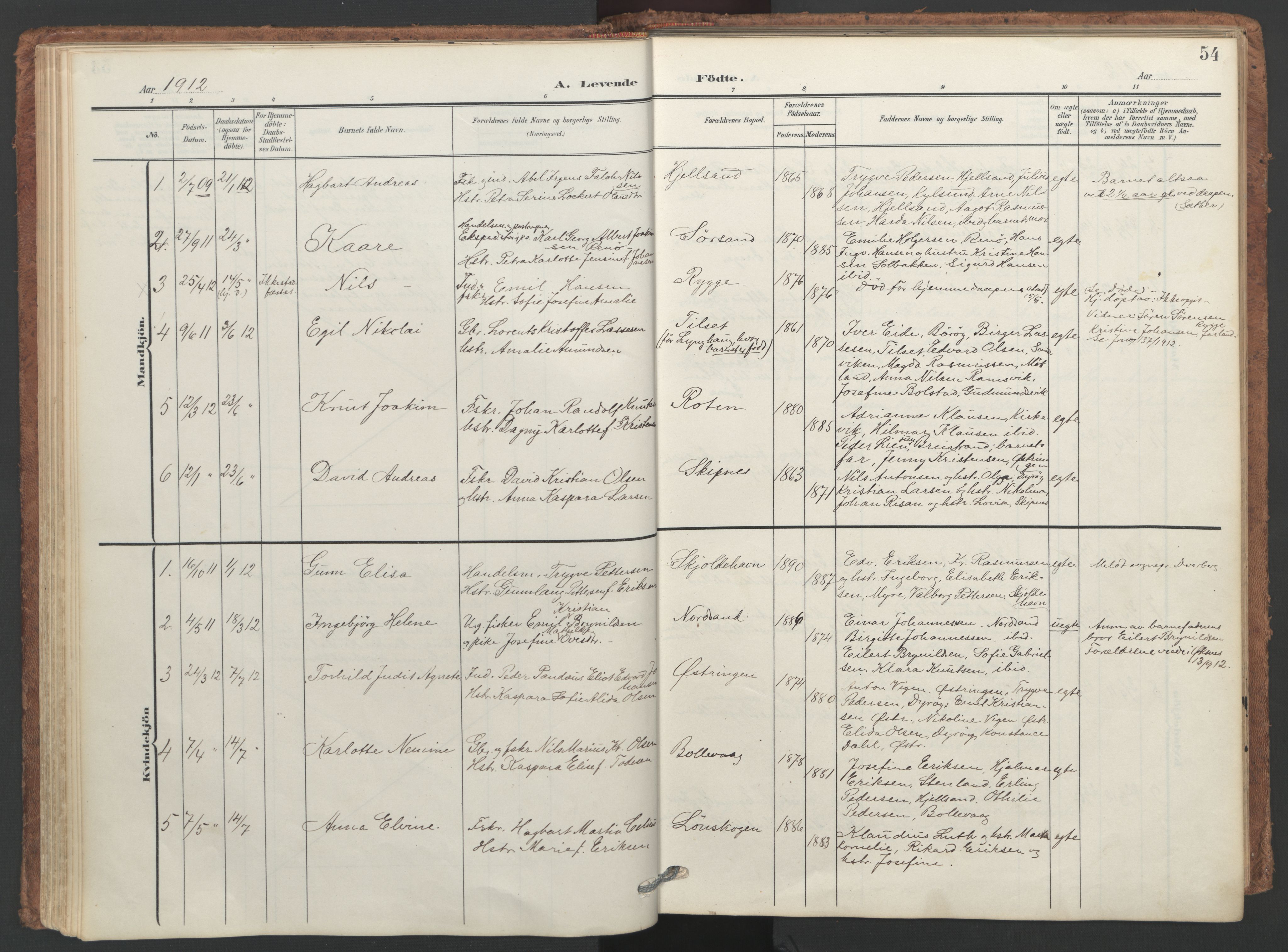Ministerialprotokoller, klokkerbøker og fødselsregistre - Nordland, SAT/A-1459/893/L1339: Parish register (official) no. 893A11, 1904-1914, p. 54