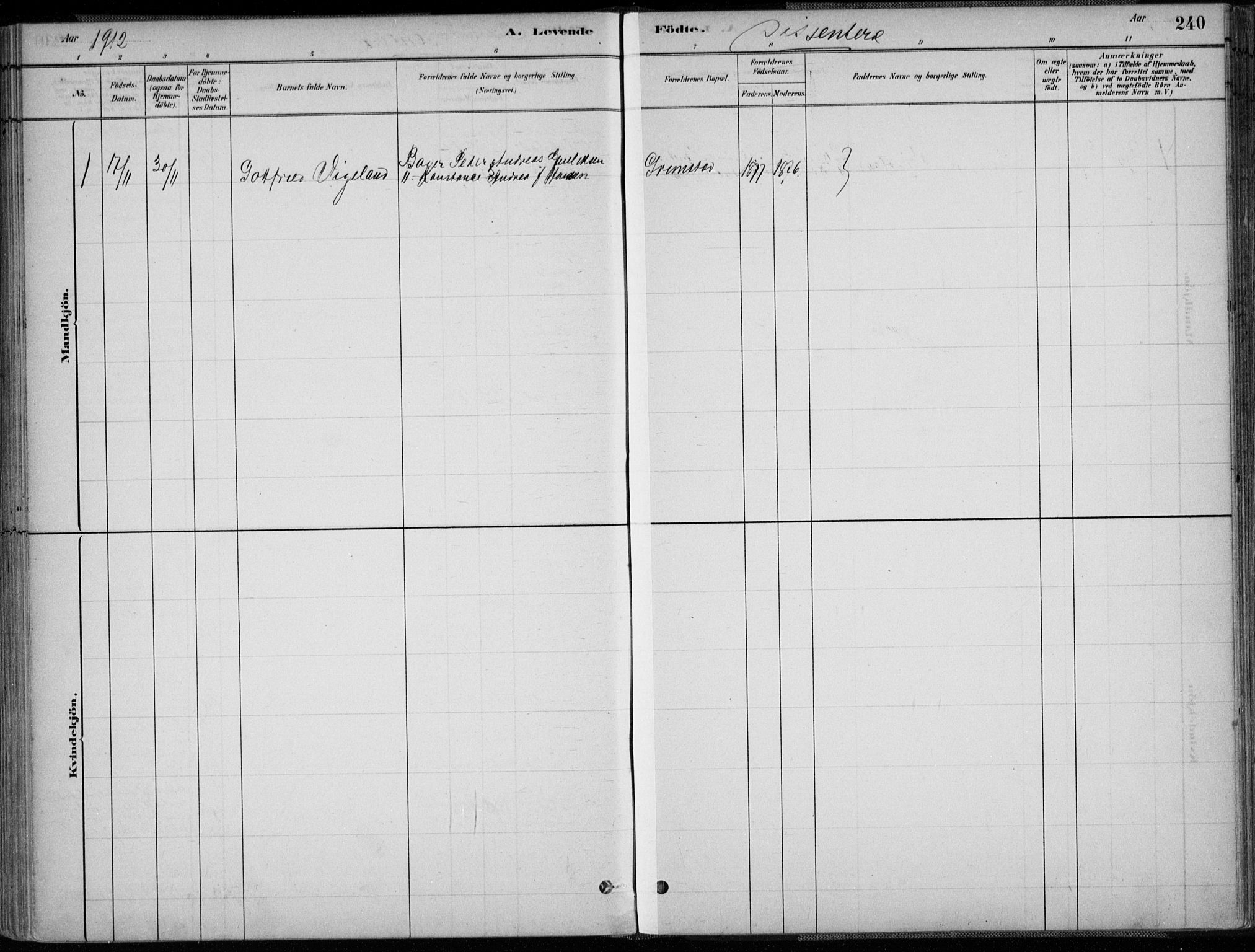 Grimstad sokneprestkontor, SAK/1111-0017/F/Fa/L0003: Parish register (official) no. A 2, 1882-1912, p. 240