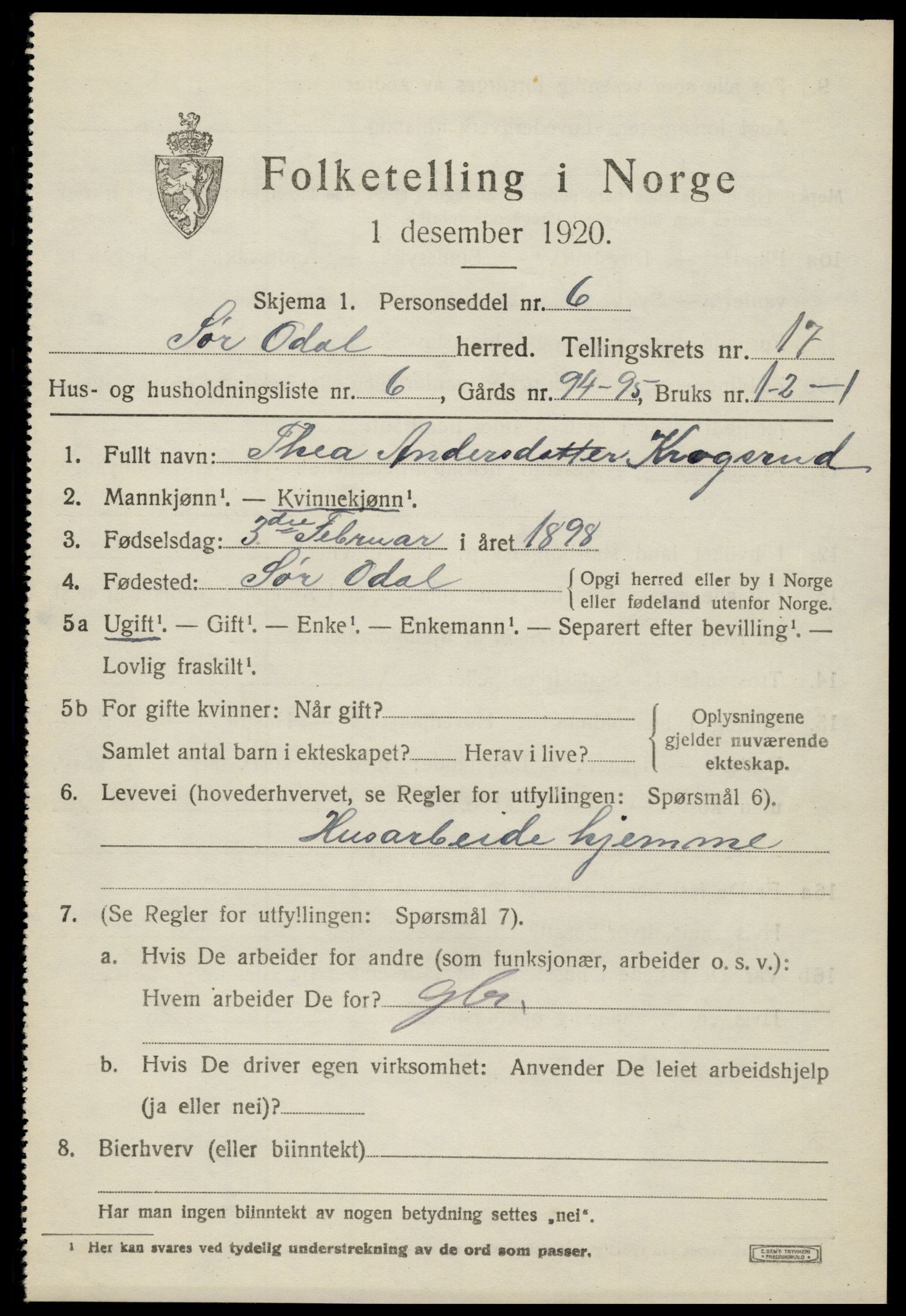 SAH, 1920 census for Sør-Odal, 1920, p. 17071