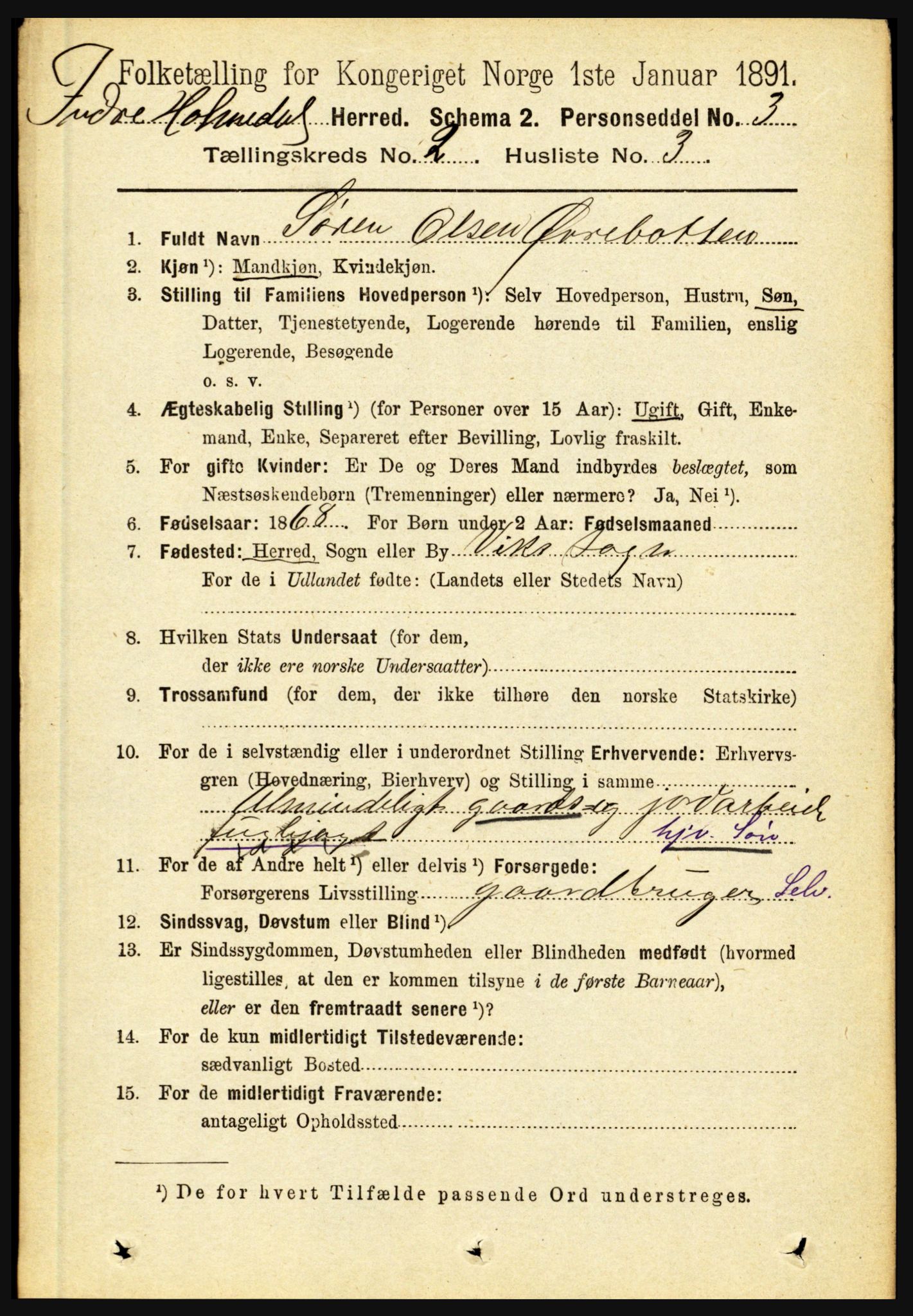 RA, 1891 census for 1430 Indre Holmedal, 1891, p. 477