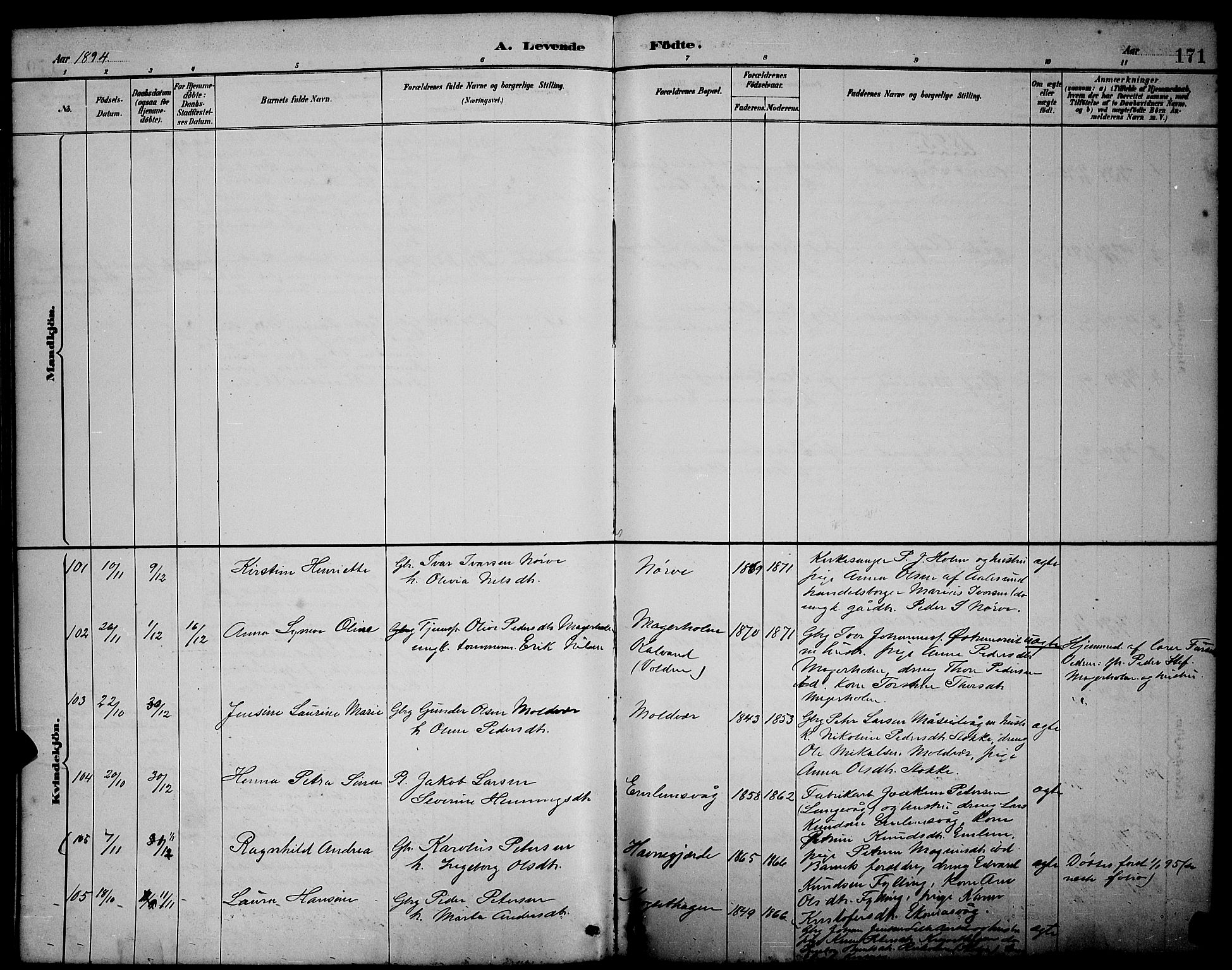 Ministerialprotokoller, klokkerbøker og fødselsregistre - Møre og Romsdal, SAT/A-1454/528/L0431: Parish register (copy) no. 528C12, 1885-1898, p. 171