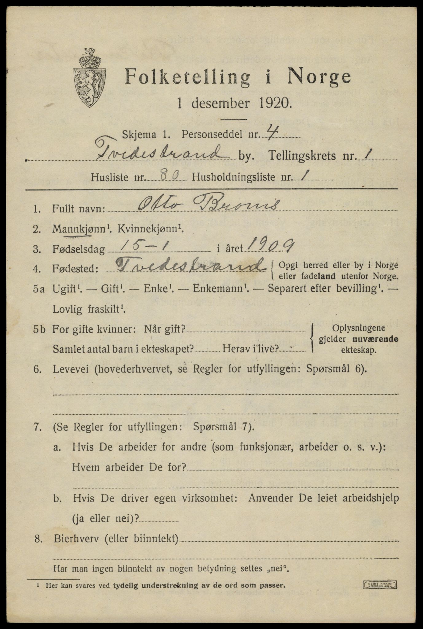 SAK, 1920 census for Tvedestrand, 1920, p. 2217