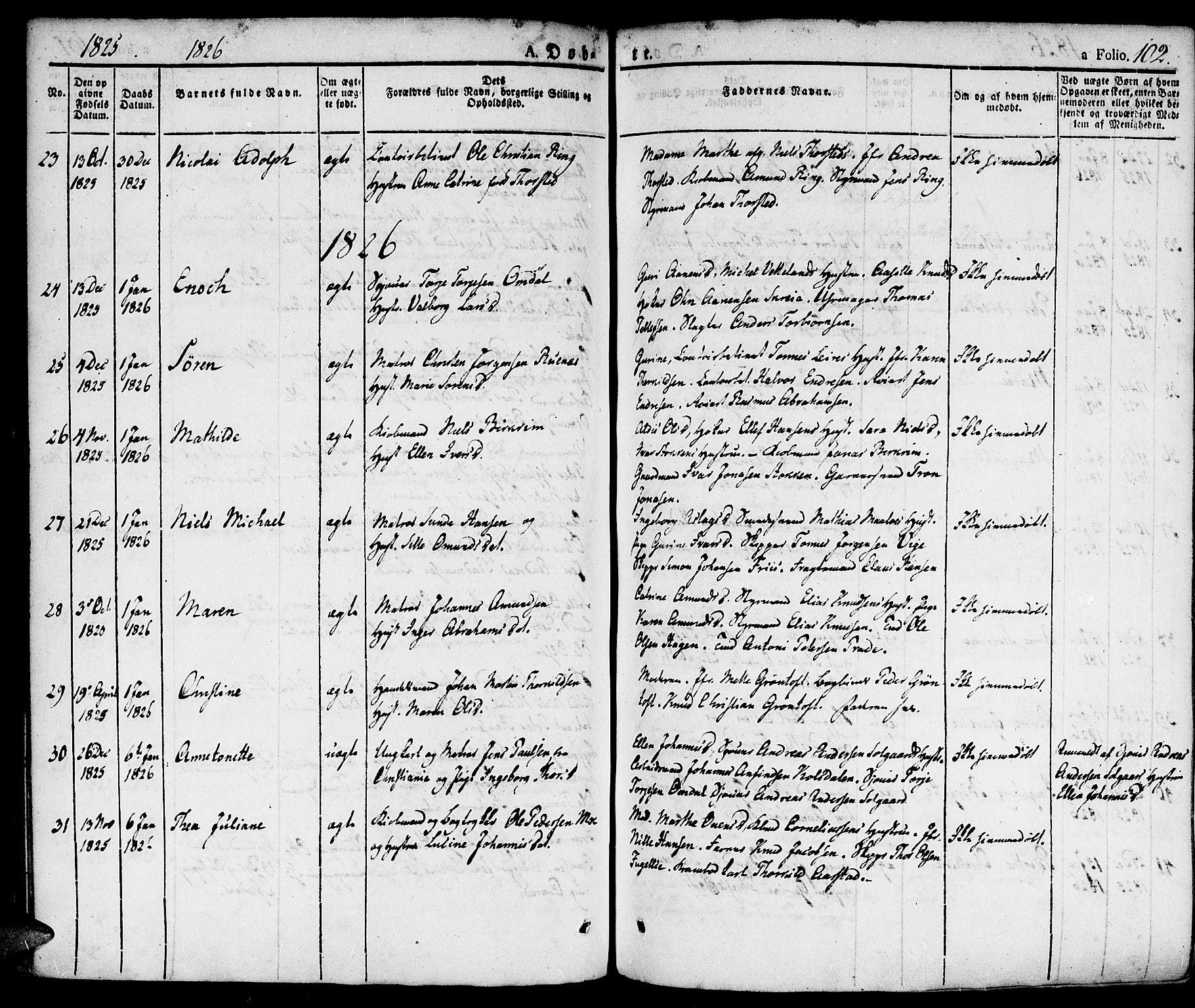 Kristiansand domprosti, SAK/1112-0006/F/Fa/L0009: Parish register (official) no. A 9, 1821-1827, p. 102