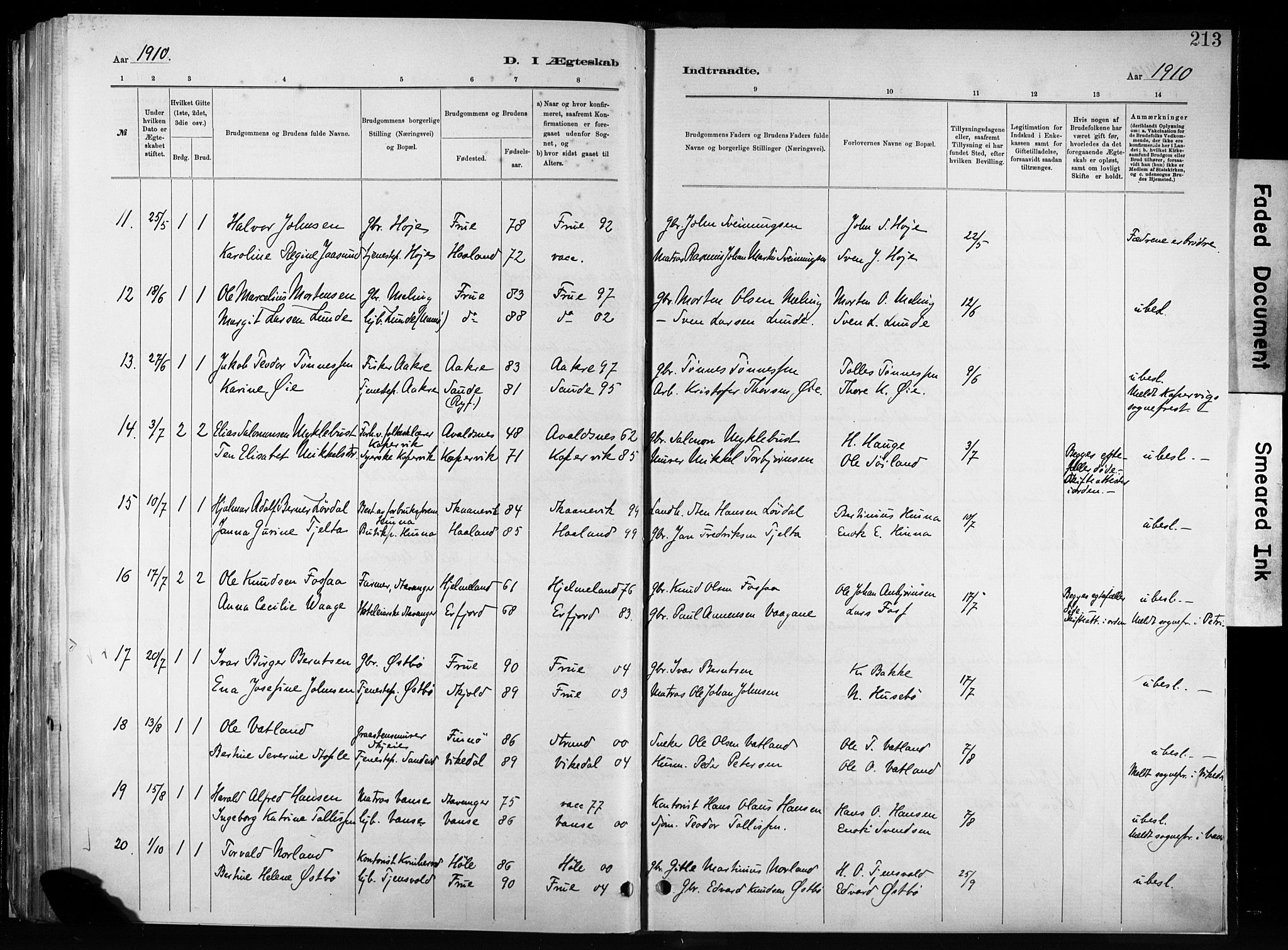 Hetland sokneprestkontor, SAST/A-101826/30/30BA/L0011: Parish register (official) no. A 11, 1884-1911, p. 213