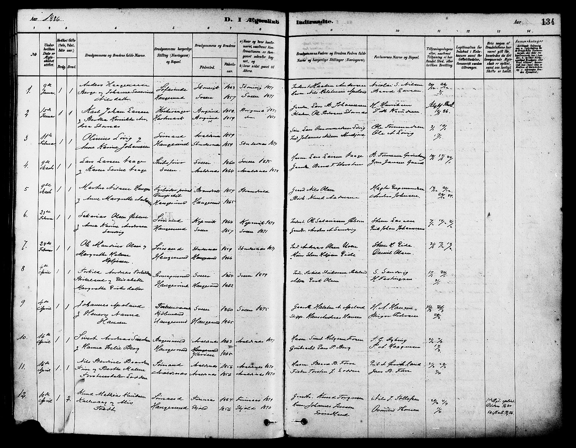 Haugesund sokneprestkontor, AV/SAST-A -101863/H/Ha/Haa/L0003: Parish register (official) no. A 3, 1885-1890, p. 134