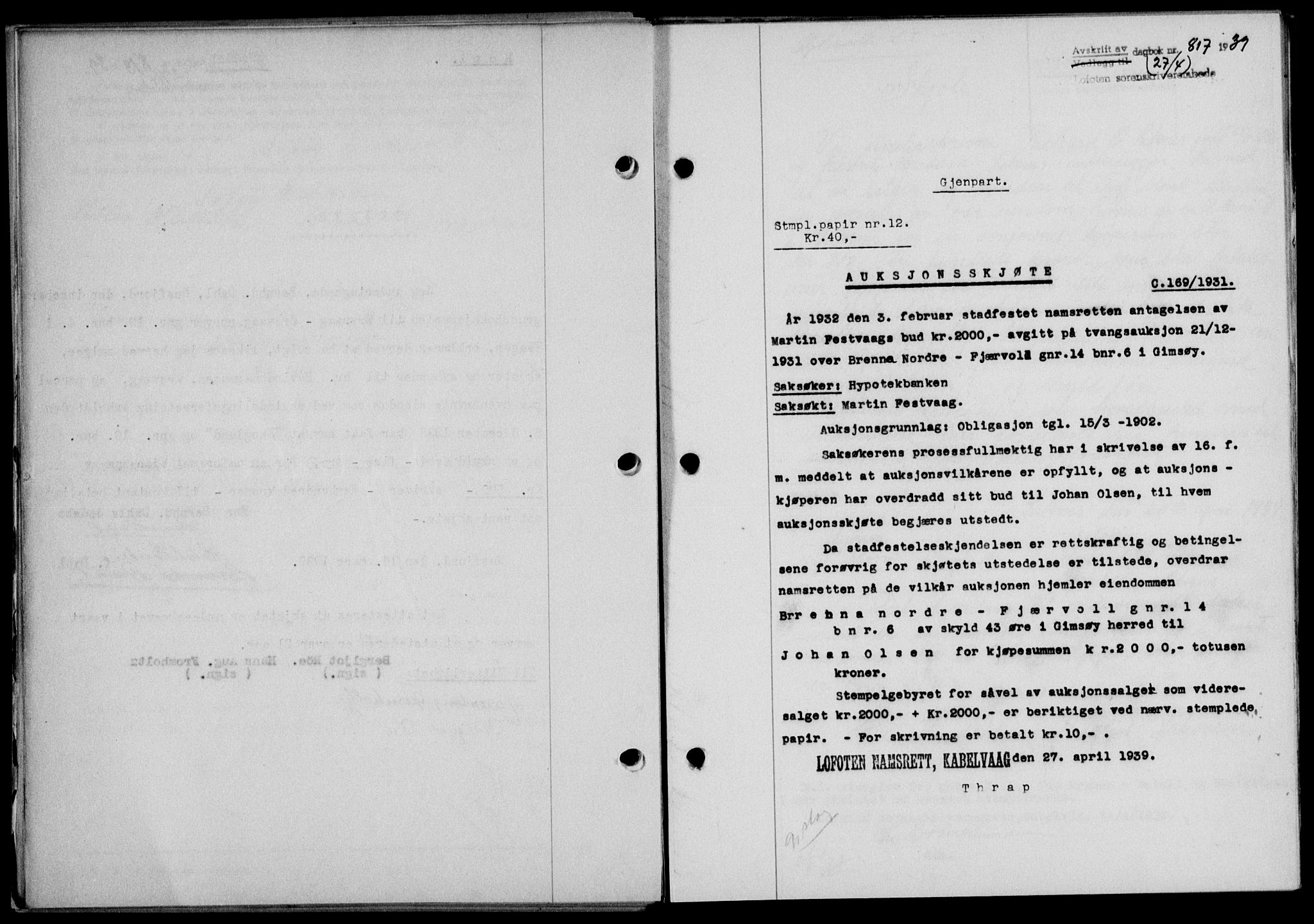 Lofoten sorenskriveri, SAT/A-0017/1/2/2C/L0005a: Mortgage book no. 5a, 1939-1939, Diary no: : 817/1939