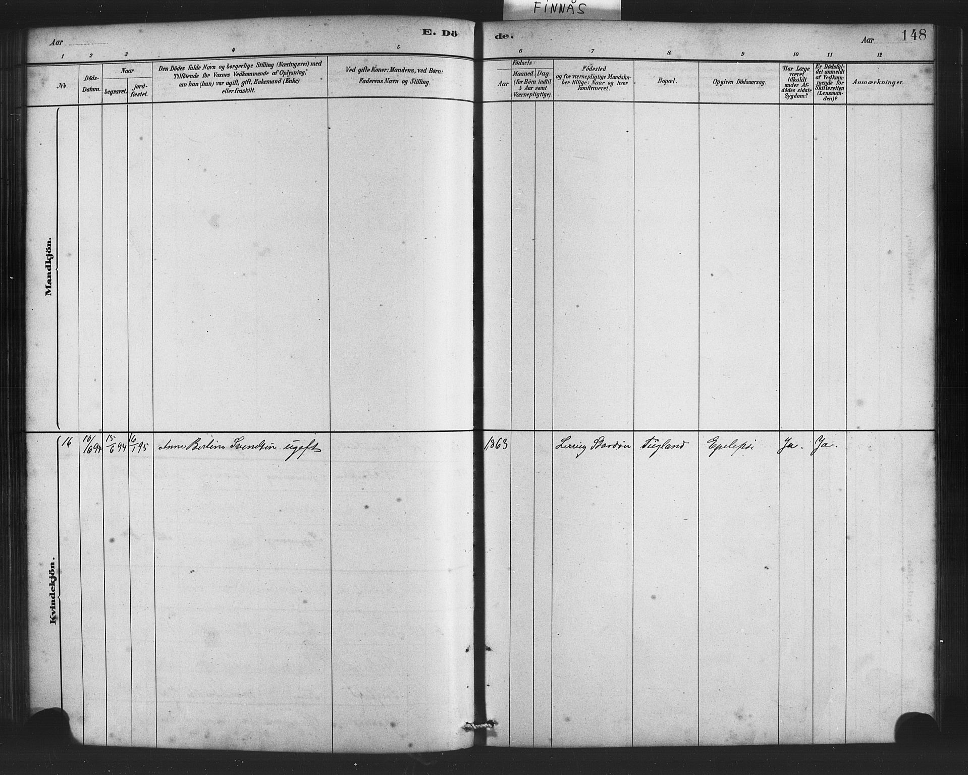 Finnås sokneprestembete, AV/SAB-A-99925/H/Ha/Haa/Haab/L0001: Parish register (official) no. B 1, 1881-1894, p. 148