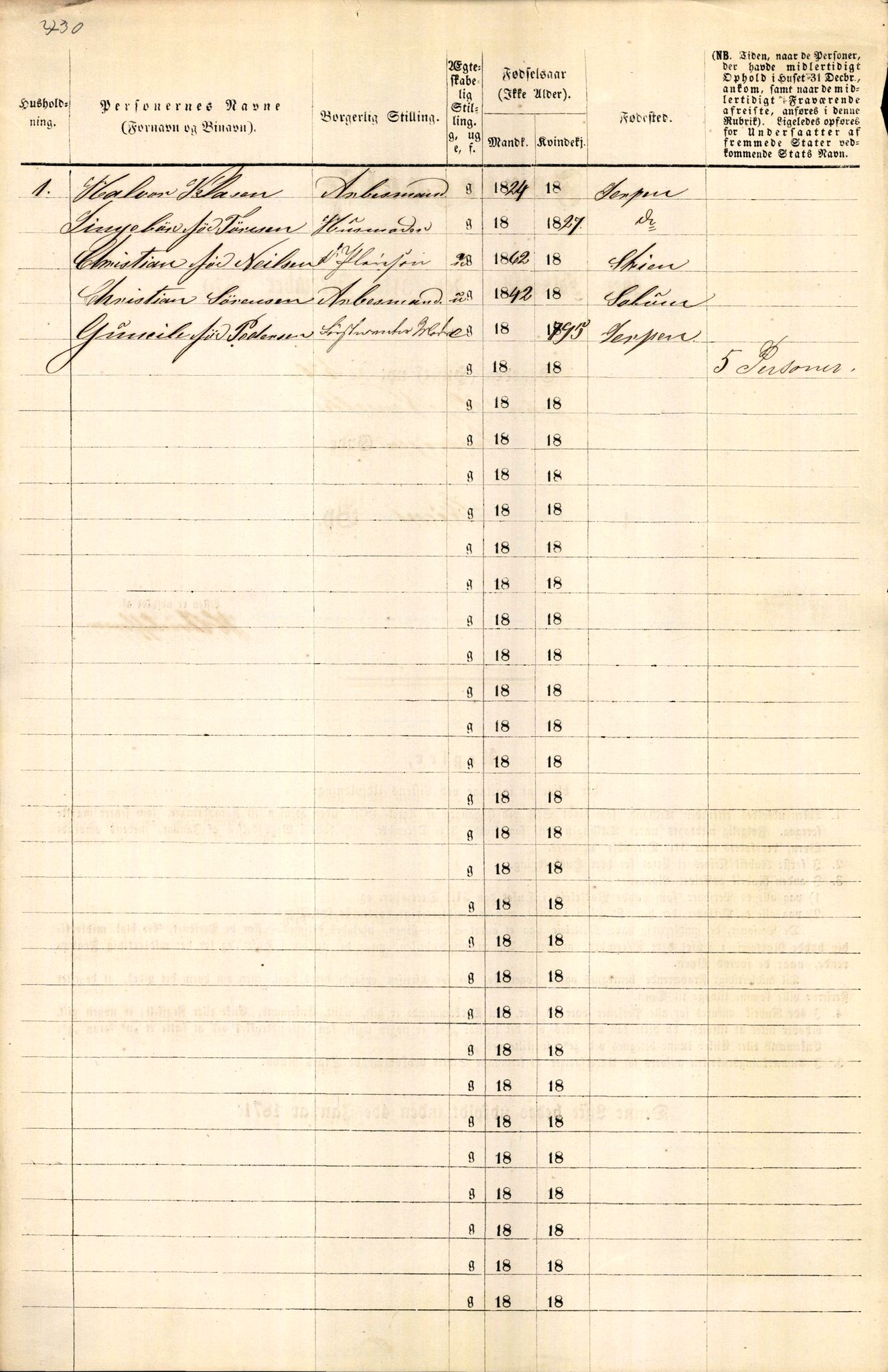 RA, 1870 census for 0806 Skien, 1870, p. 8