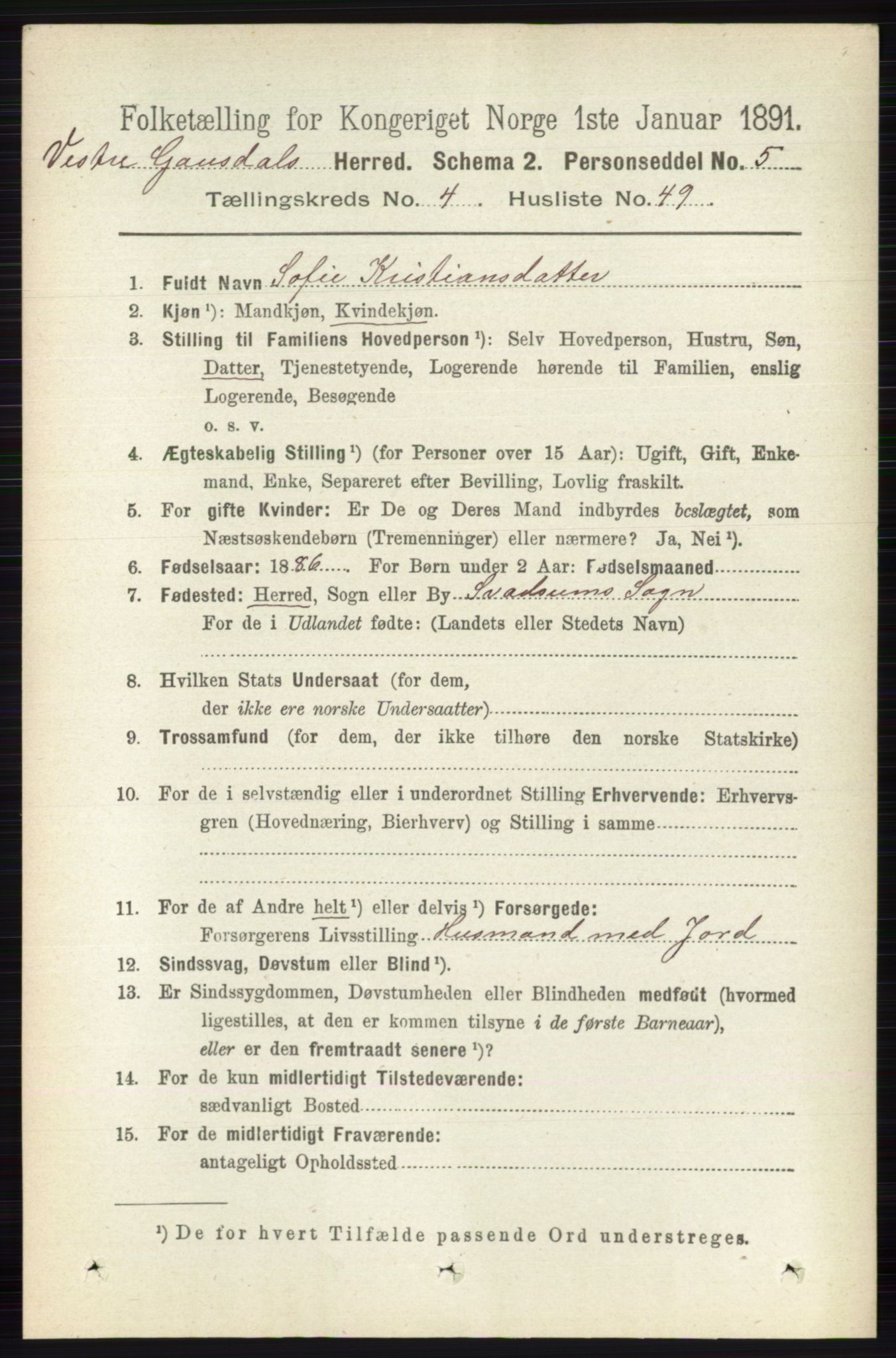 RA, 1891 census for 0523 Vestre Gausdal, 1891, p. 1984