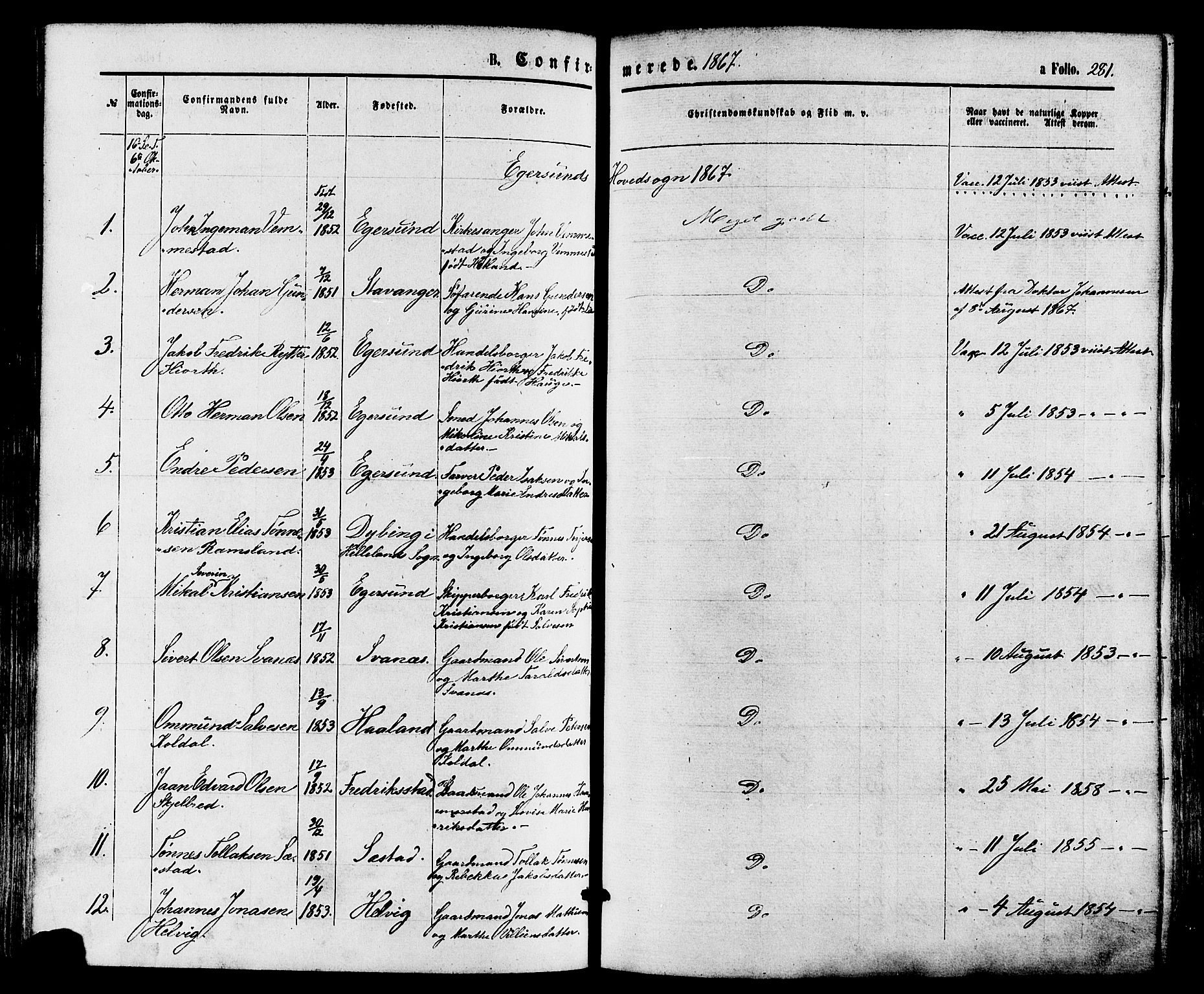 Eigersund sokneprestkontor, SAST/A-101807/S08/L0014: Parish register (official) no. A 13, 1866-1878, p. 281