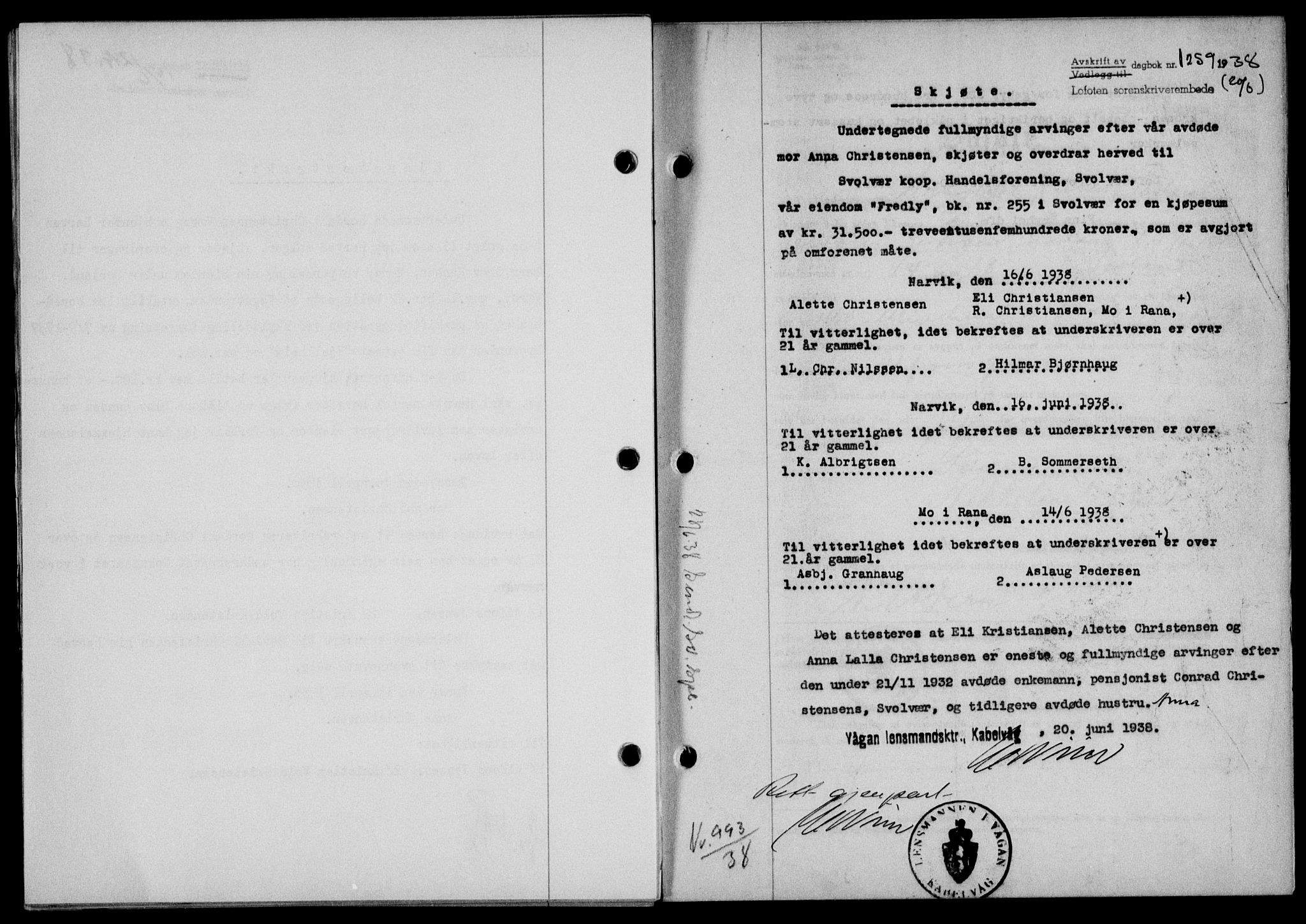 Lofoten sorenskriveri, SAT/A-0017/1/2/2C/L0004a: Mortgage book no. 4a, 1938-1938, Diary no: : 1259/1938