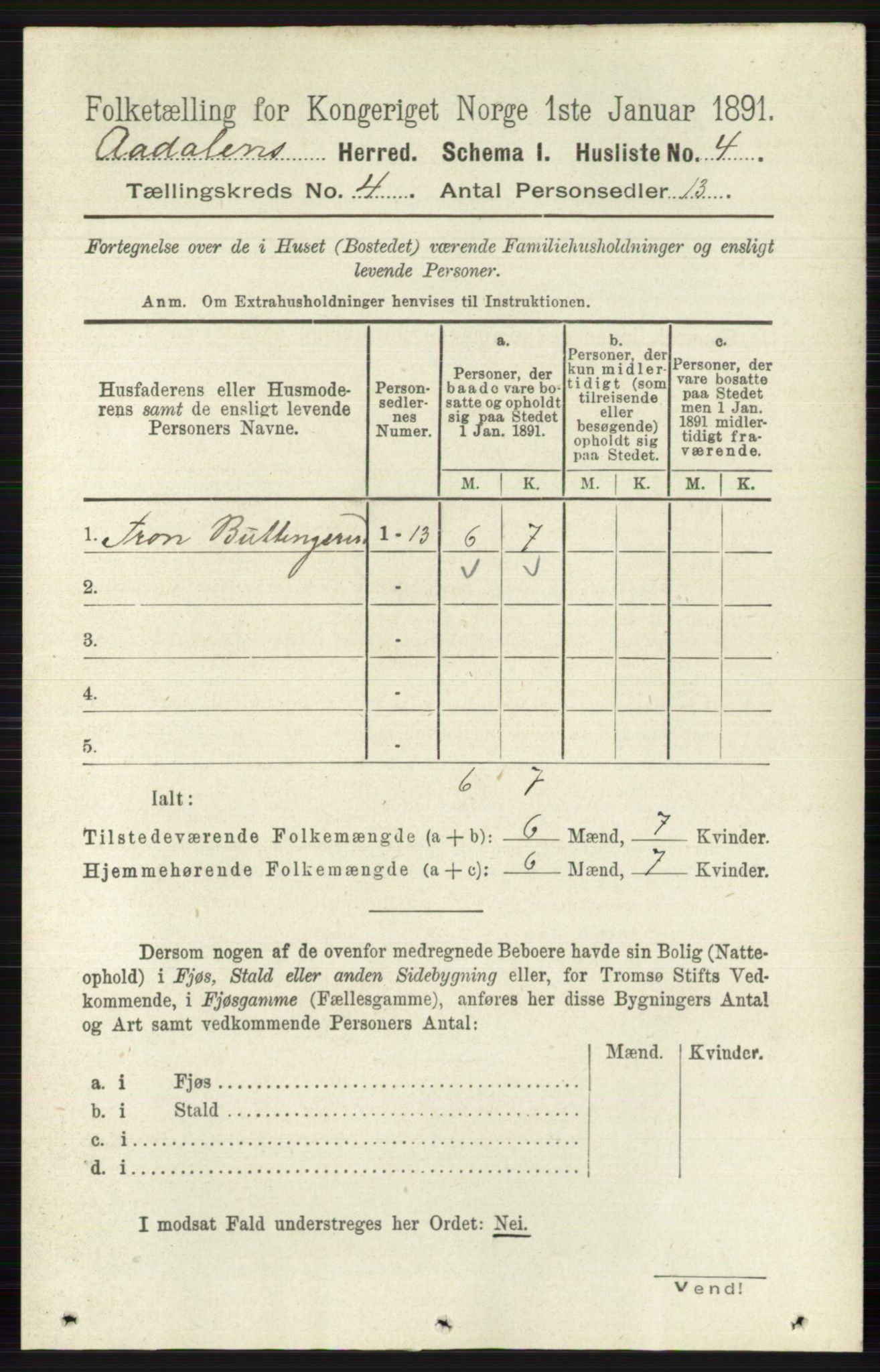 RA, 1891 census for 0614 Ådal, 1891, p. 1454