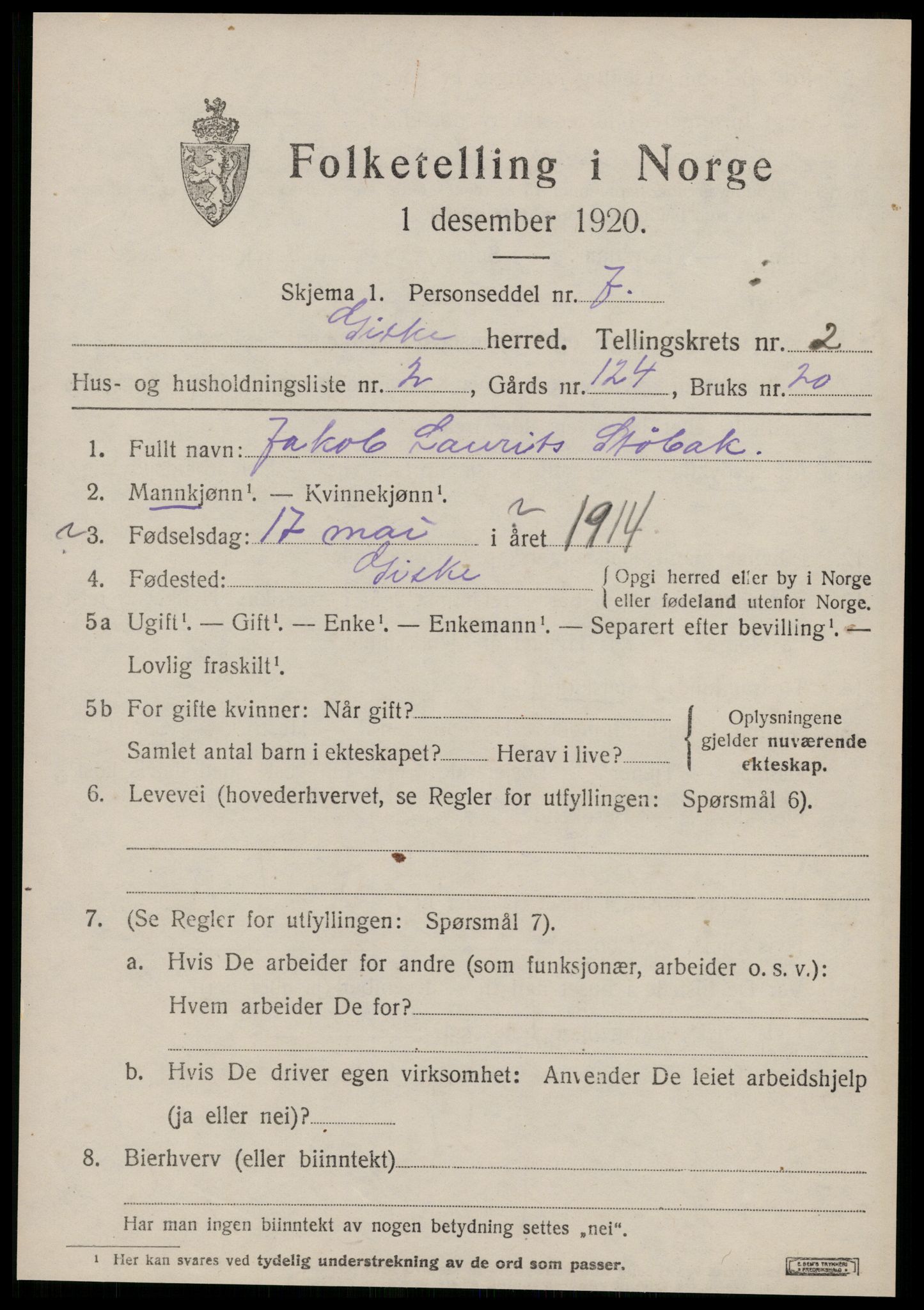 SAT, 1920 census for Giske, 1920, p. 892