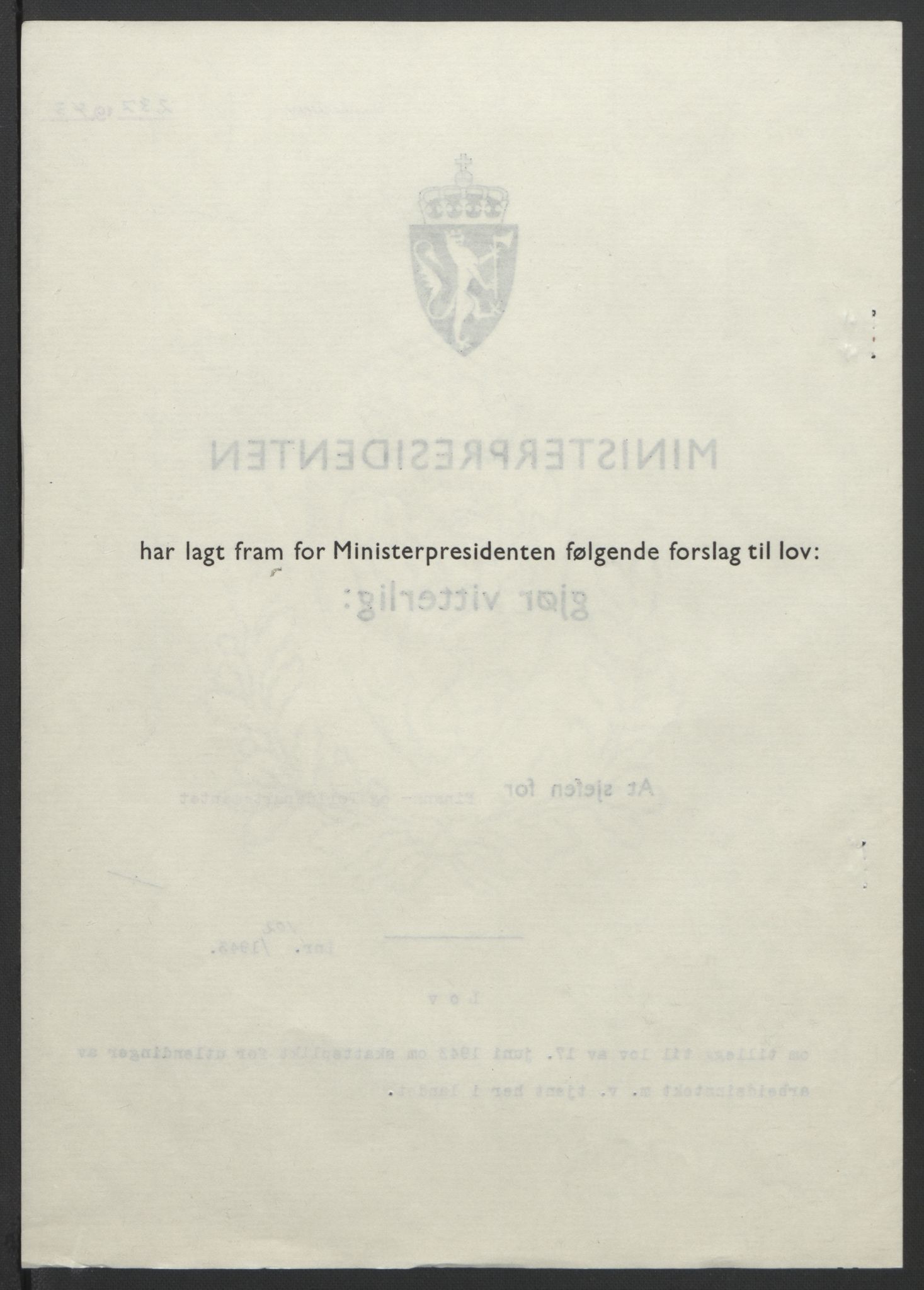 NS-administrasjonen 1940-1945 (Statsrådsekretariatet, de kommisariske statsråder mm), RA/S-4279/D/Db/L0099: Lover, 1943, p. 475