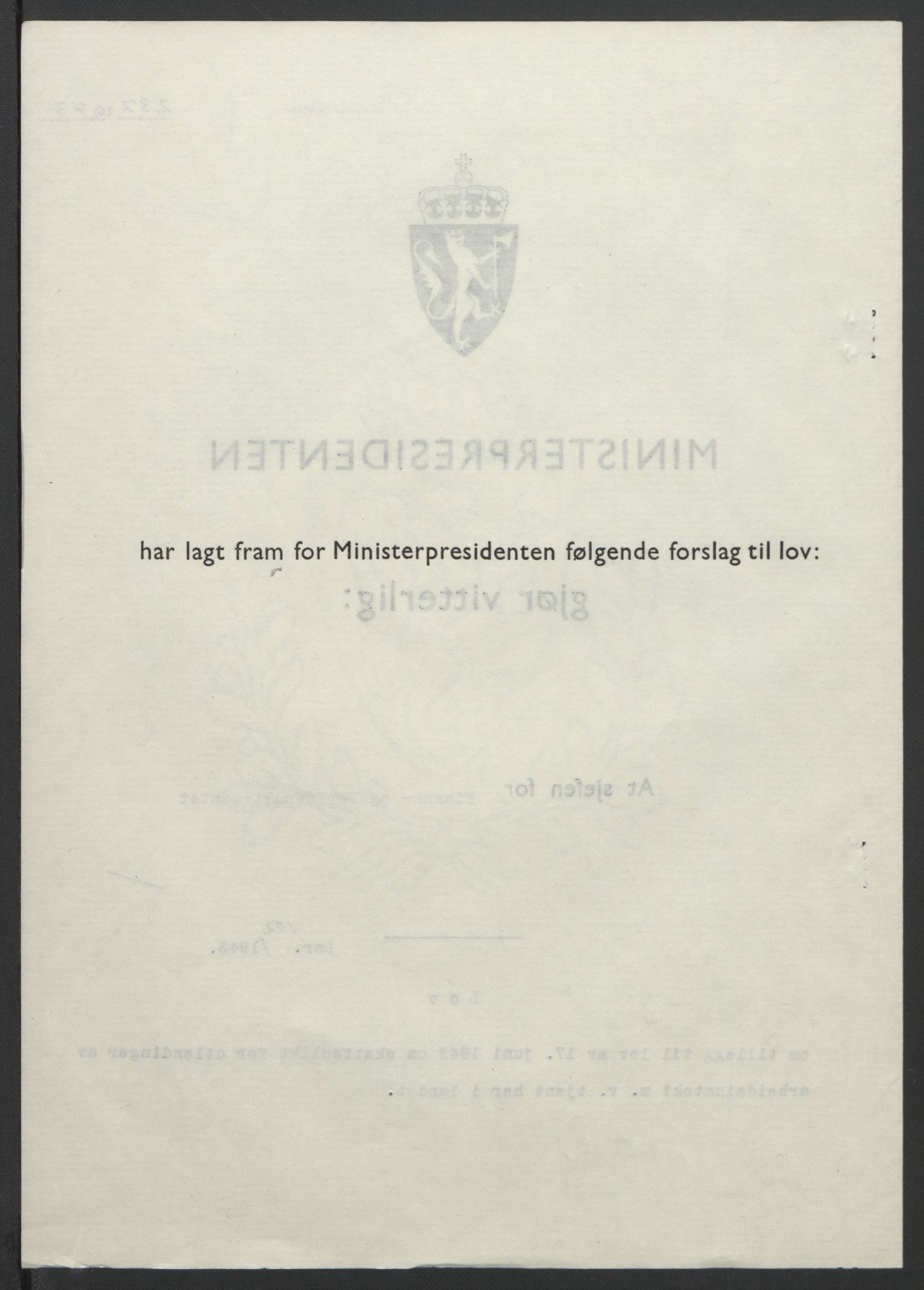 NS-administrasjonen 1940-1945 (Statsrådsekretariatet, de kommisariske statsråder mm), AV/RA-S-4279/D/Db/L0099: Lover, 1943, p. 475