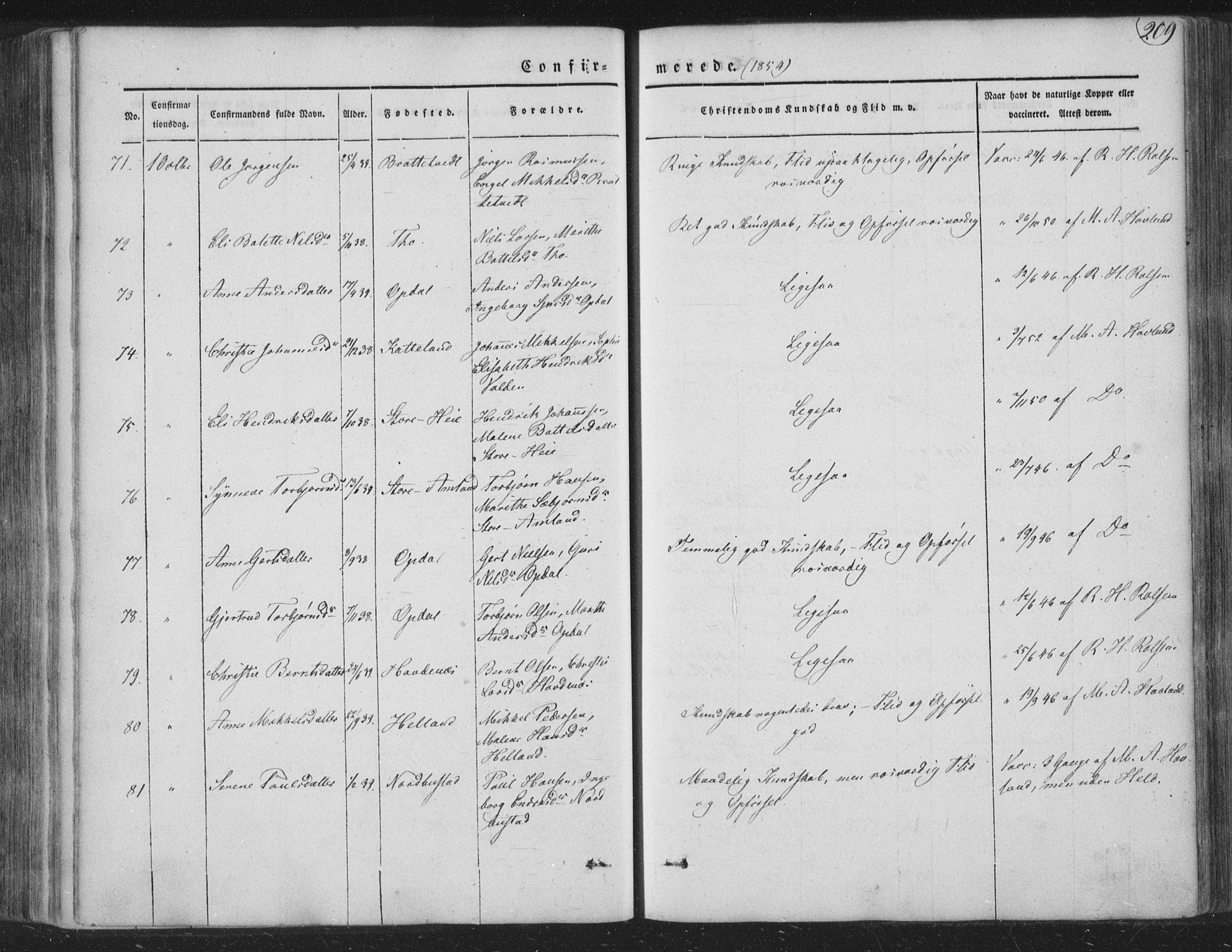 Tysnes sokneprestembete, AV/SAB-A-78601/H/Haa: Parish register (official) no. A 10, 1848-1859, p. 209