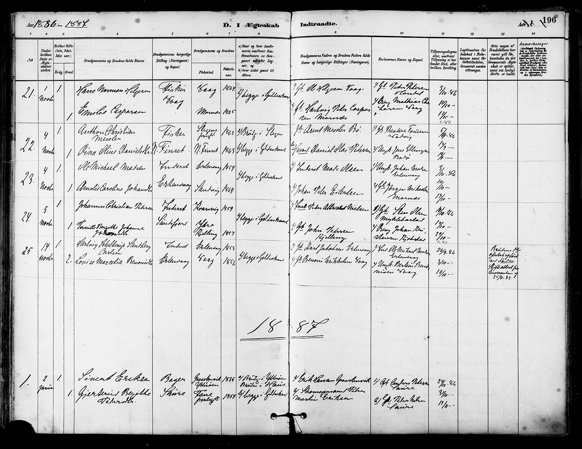 Ministerialprotokoller, klokkerbøker og fødselsregistre - Nordland, AV/SAT-A-1459/805/L0099: Parish register (official) no. 805A06, 1880-1891, p. 196