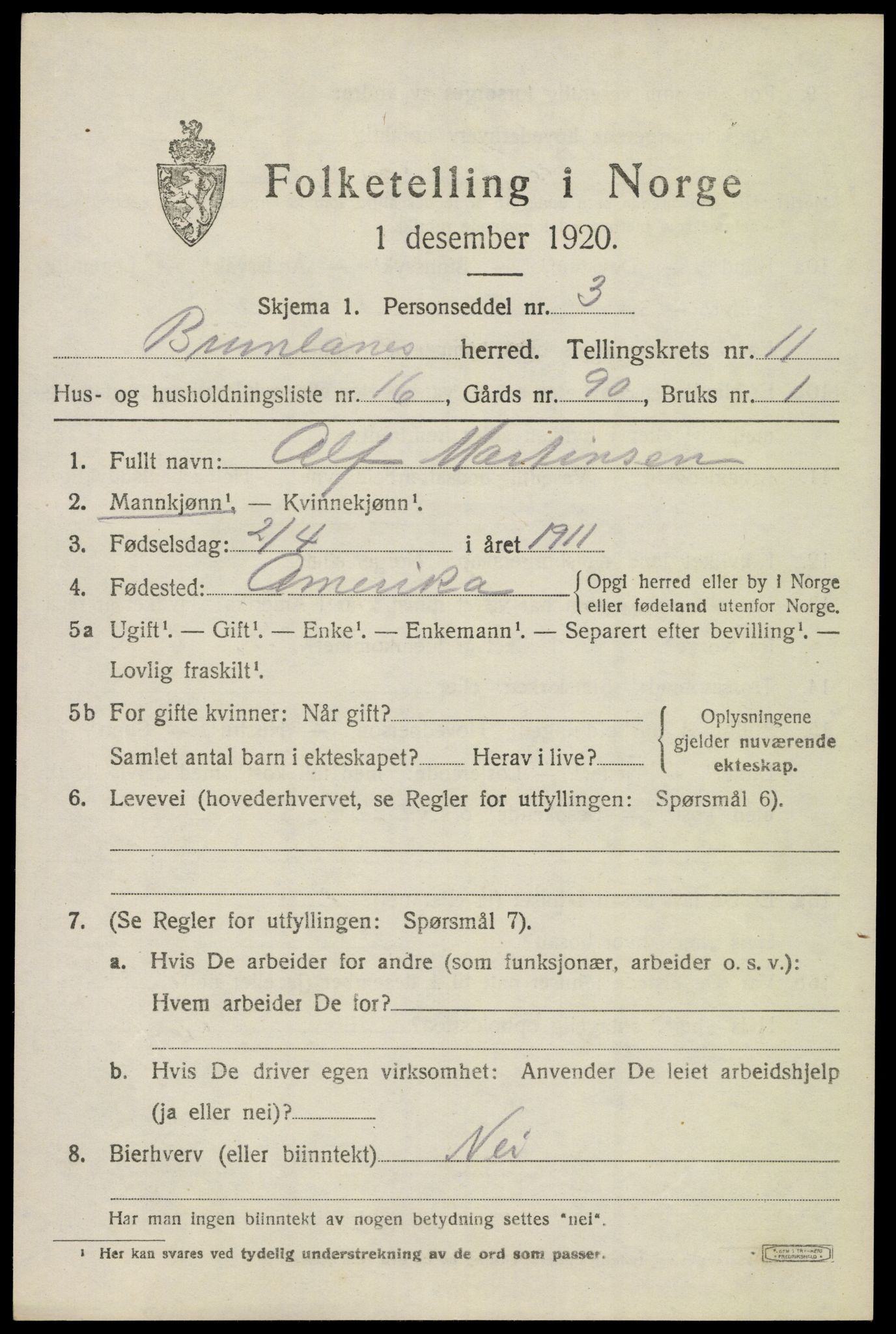 SAKO, 1920 census for Brunlanes, 1920, p. 9711