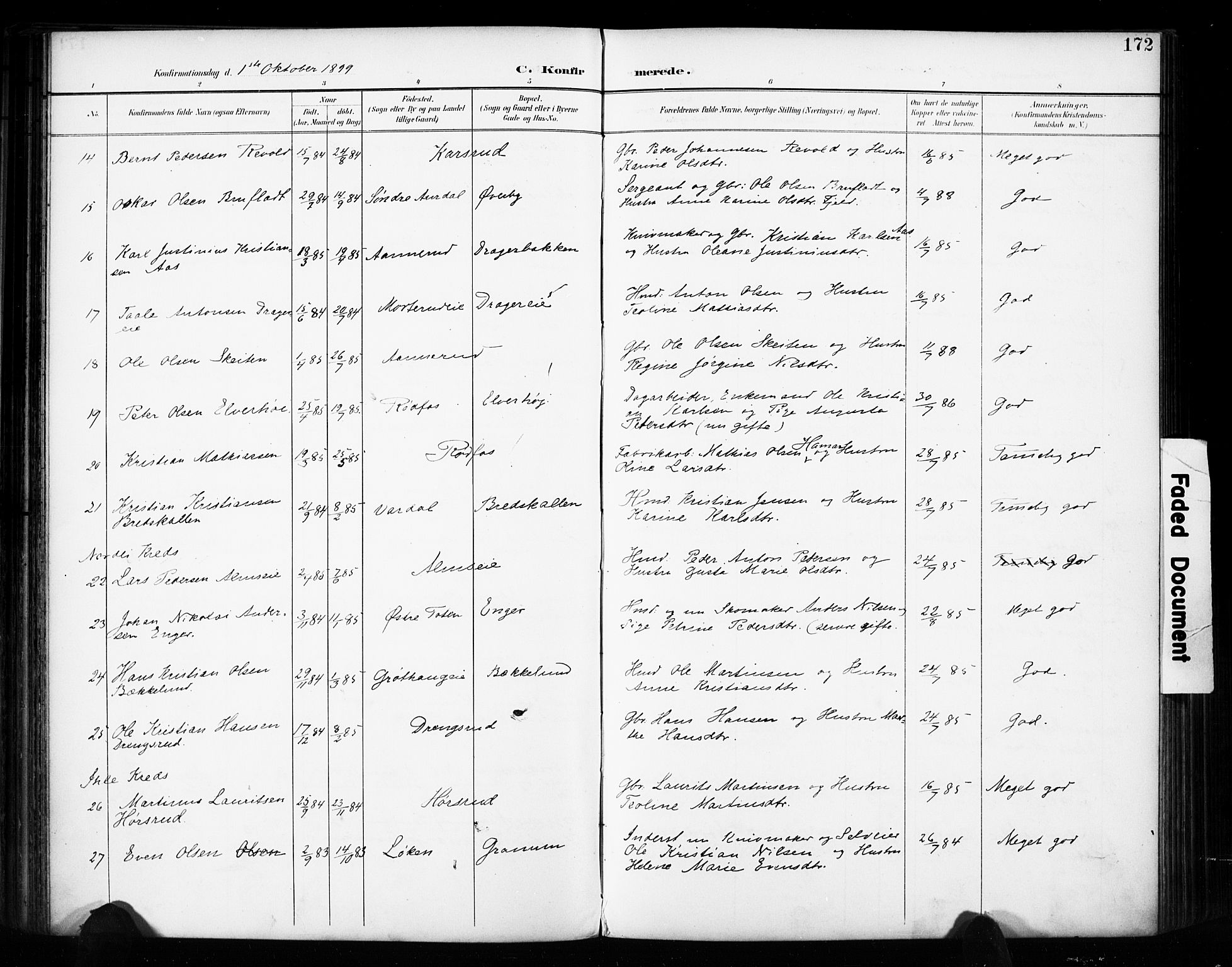 Vestre Toten prestekontor, SAH/PREST-108/H/Ha/Haa/L0011: Parish register (official) no. 11, 1895-1906, p. 172
