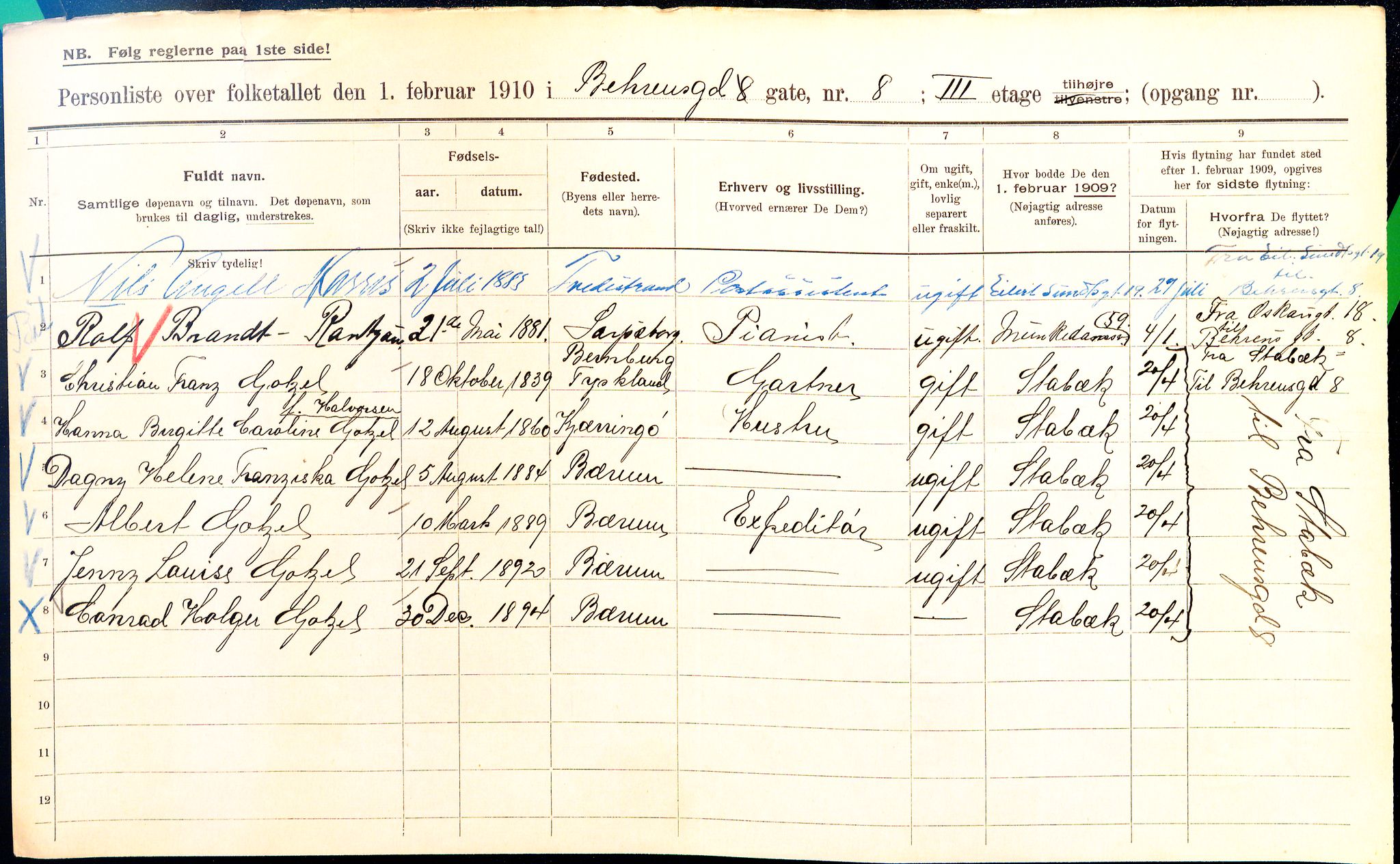 OBA, Municipal Census 1910 for Kristiania, 1910, p. 3318