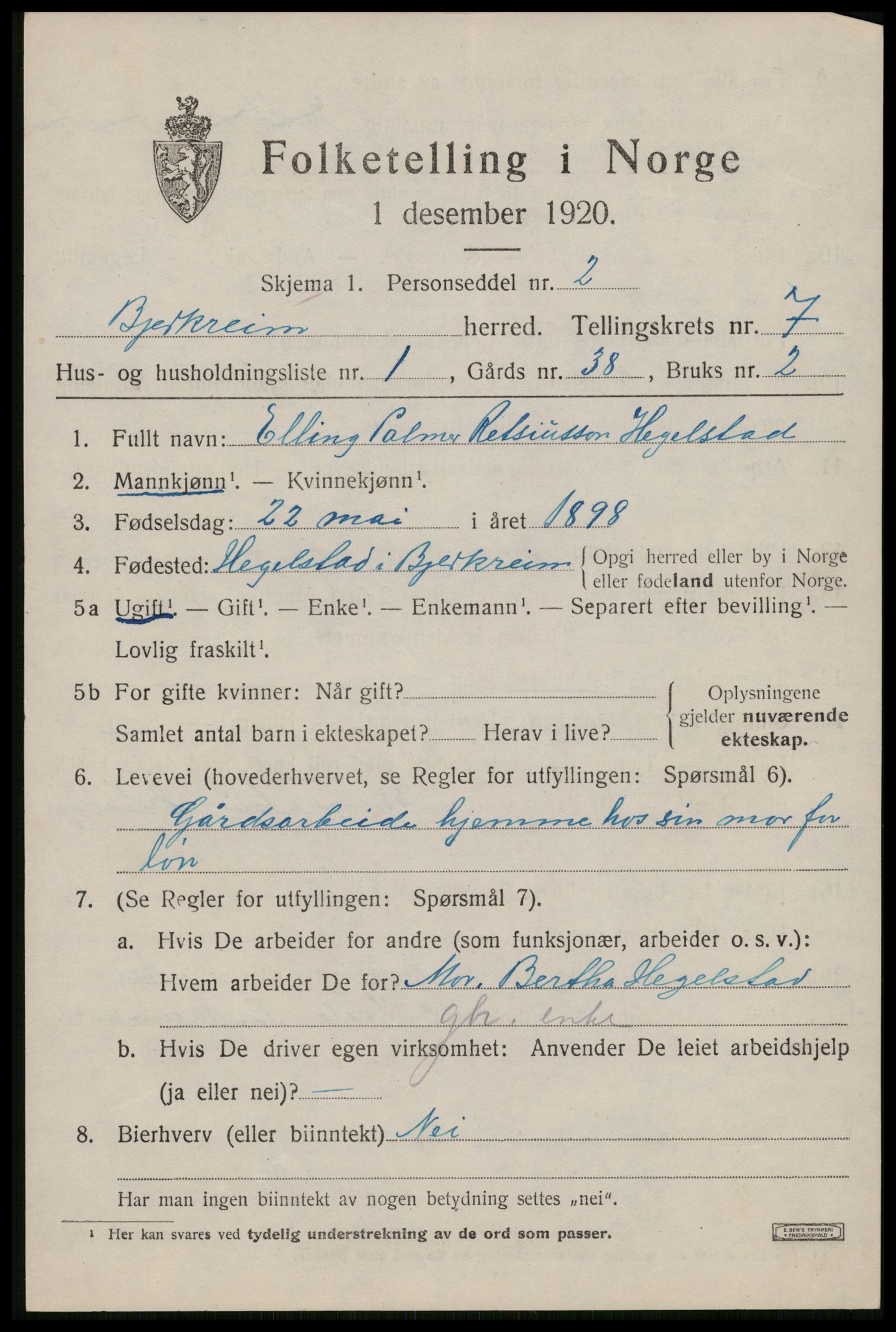 SAST, 1920 census for Bjerkreim, 1920, p. 2316