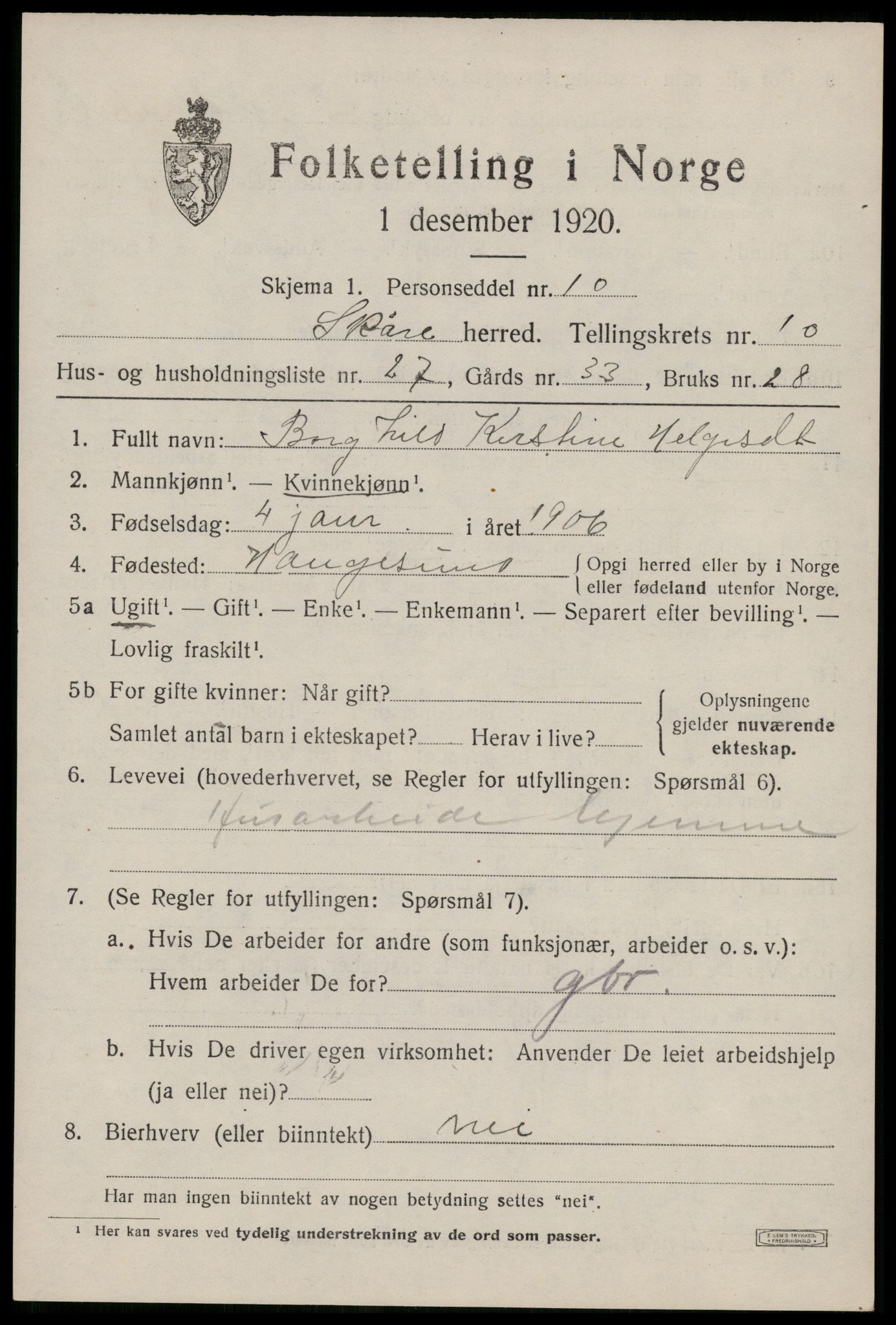 SAST, 1920 census for Skåre, 1920, p. 8216