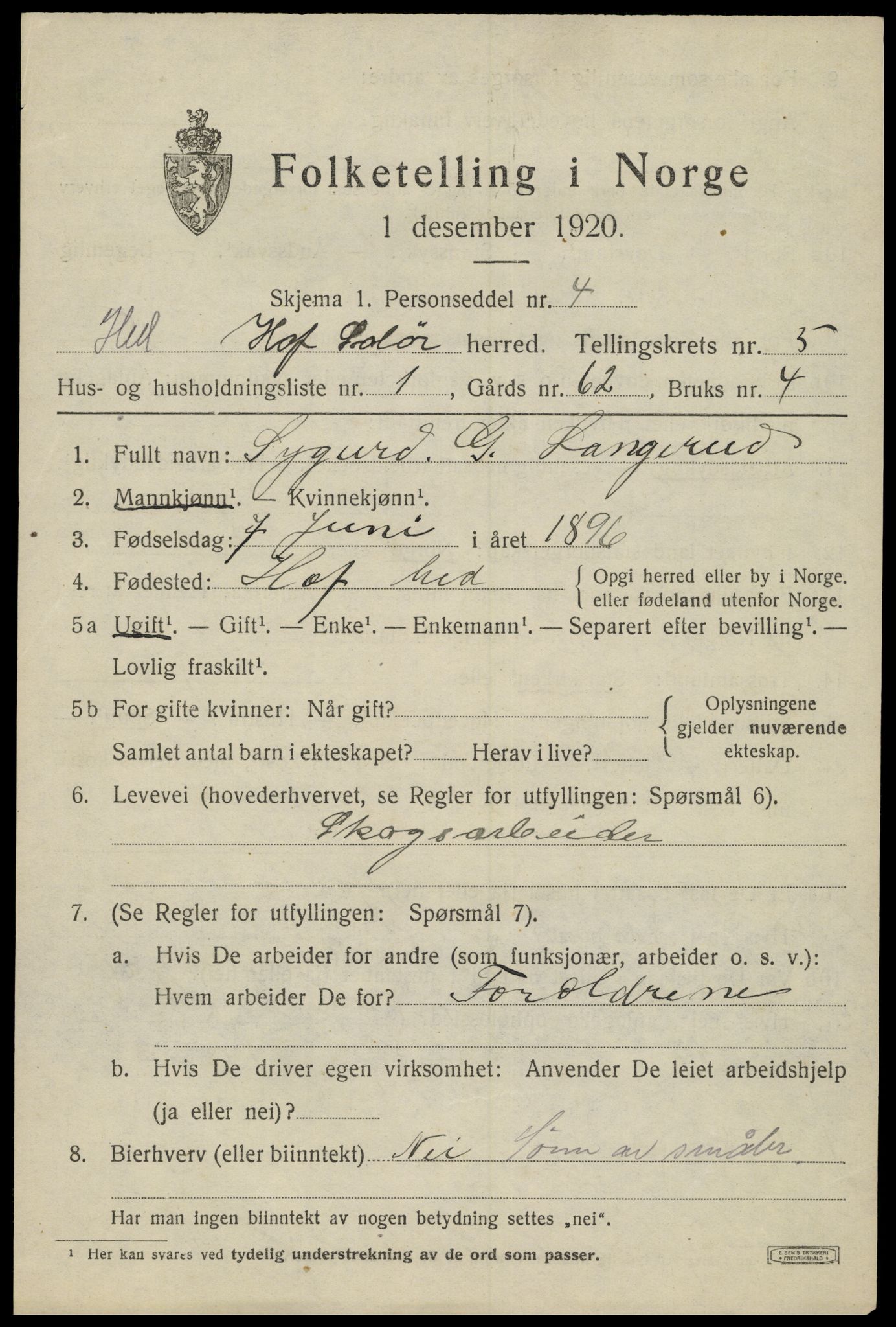 SAH, 1920 census for Hof, 1920, p. 7107