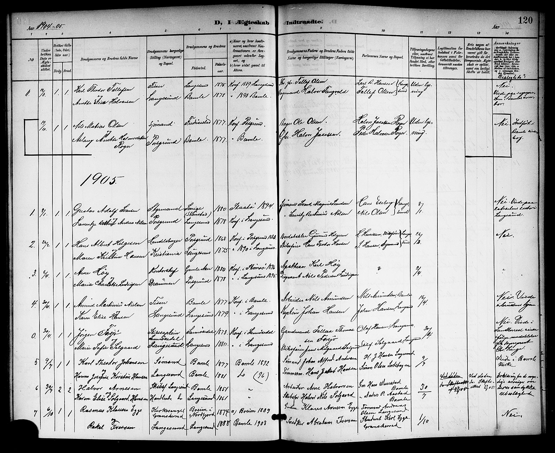 Langesund kirkebøker, SAKO/A-280/G/Ga/L0006: Parish register (copy) no. 6, 1899-1918, p. 120