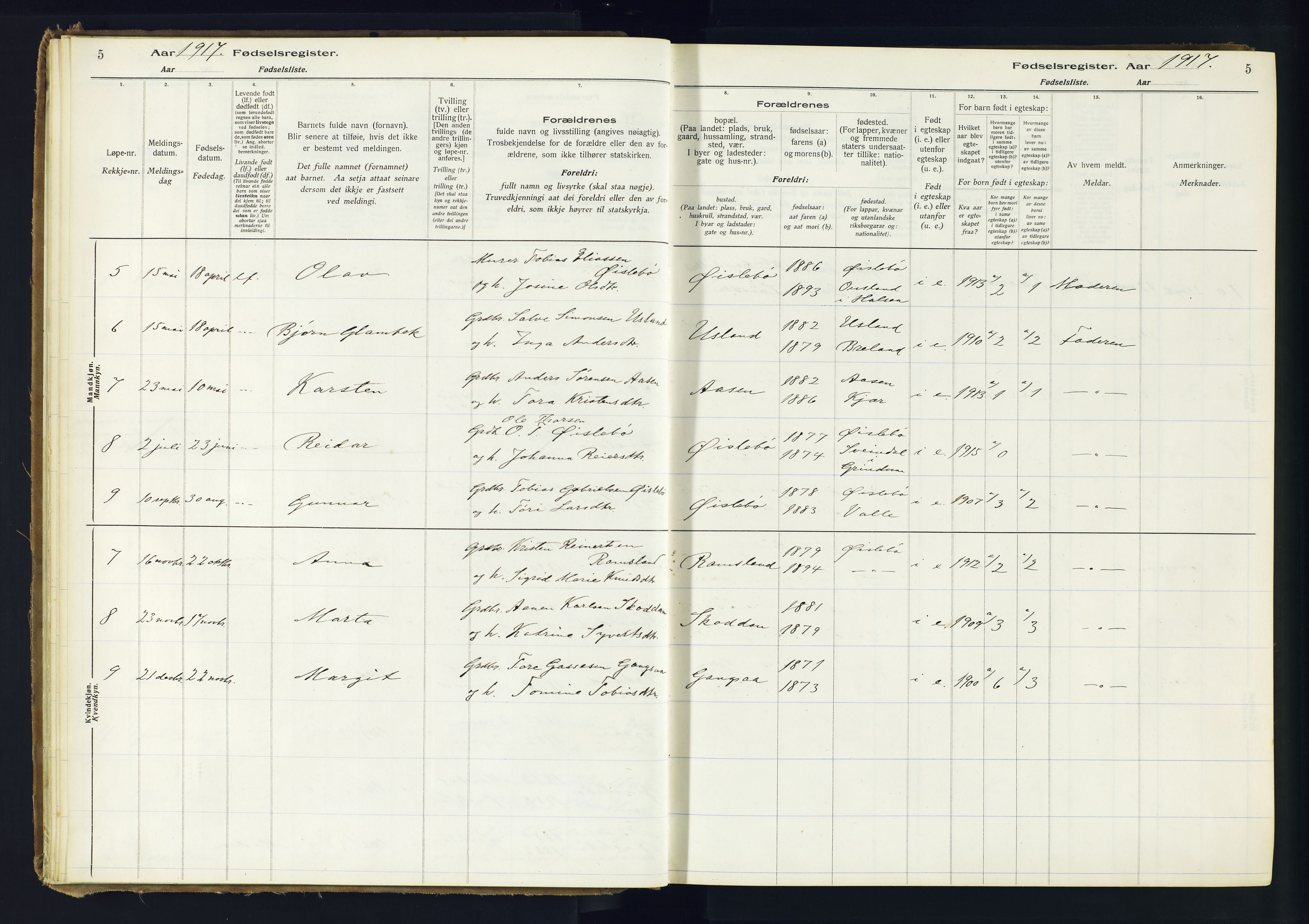 Holum sokneprestkontor, AV/SAK-1111-0022/J/Ja/L0002: Birth register no. II.6.11, 1916-1982, p. 5