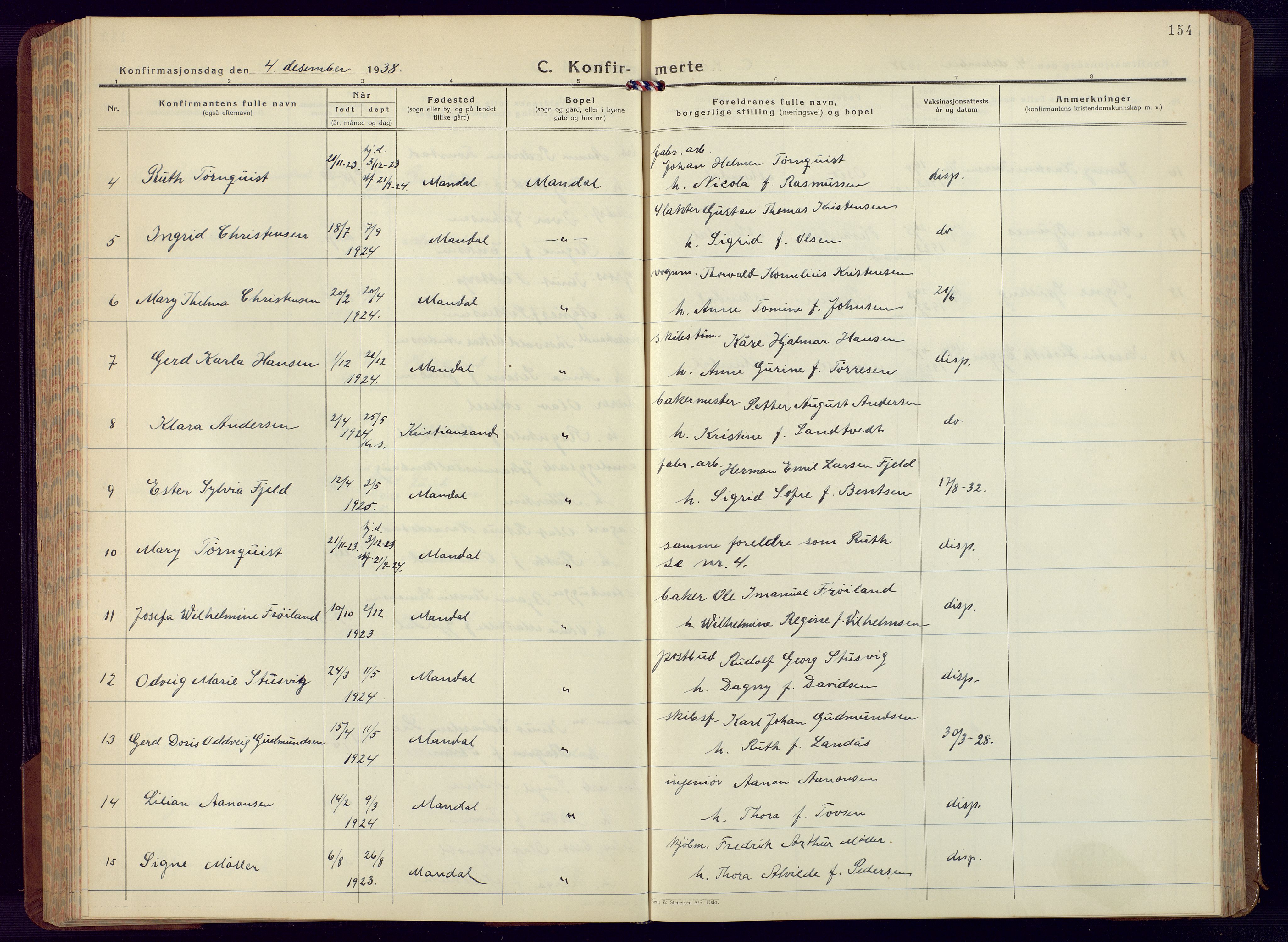 Mandal sokneprestkontor, AV/SAK-1111-0030/F/Fb/Fbc/L0002: Parish register (copy) no. B 2, 1931-1949, p. 154