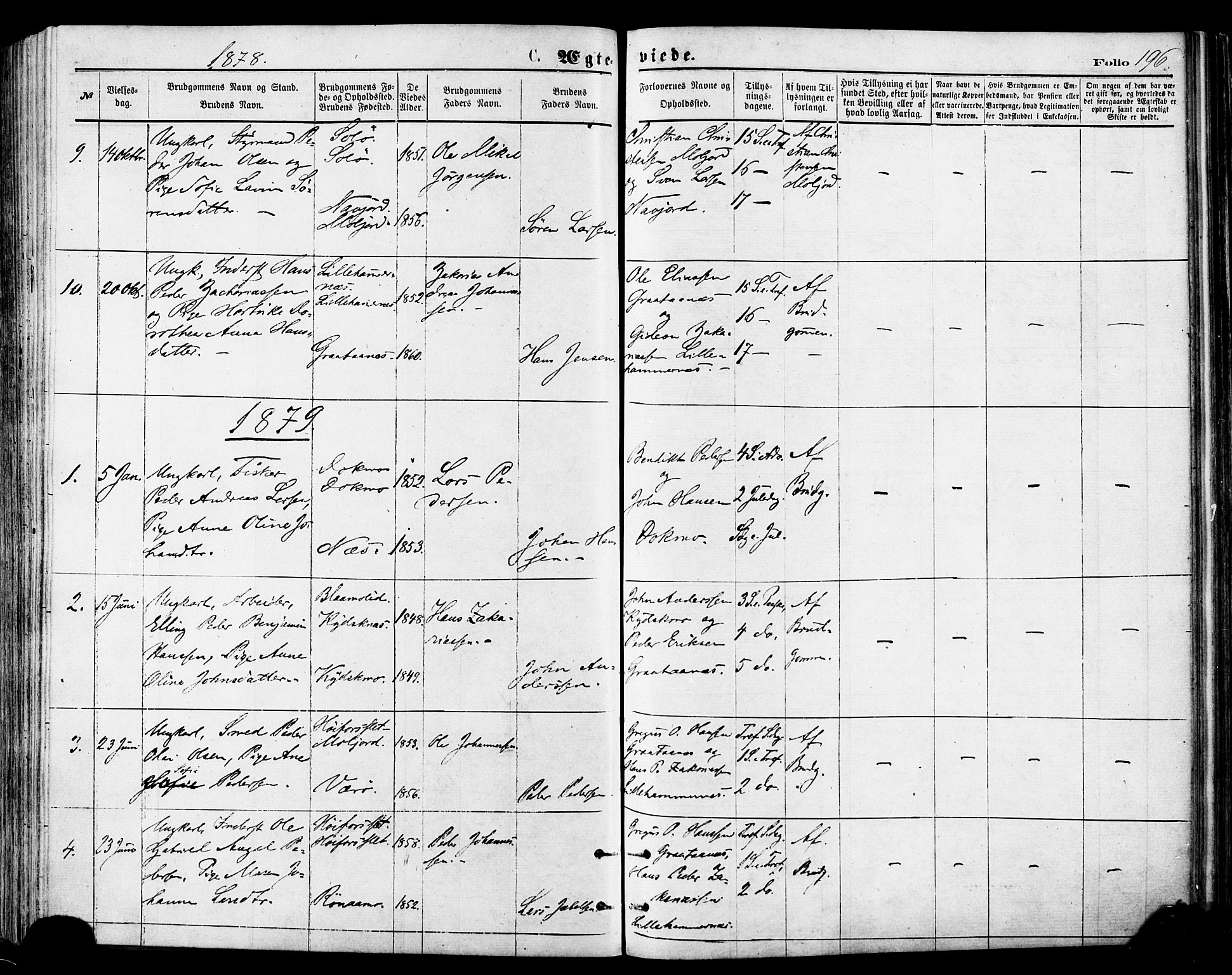 Ministerialprotokoller, klokkerbøker og fødselsregistre - Nordland, AV/SAT-A-1459/846/L0645: Parish register (official) no. 846A03, 1872-1886, p. 196