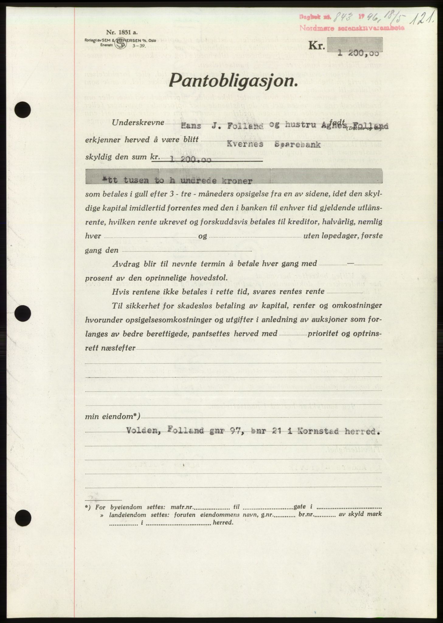 Nordmøre sorenskriveri, AV/SAT-A-4132/1/2/2Ca: Mortgage book no. B94, 1946-1946, Diary no: : 843/1946