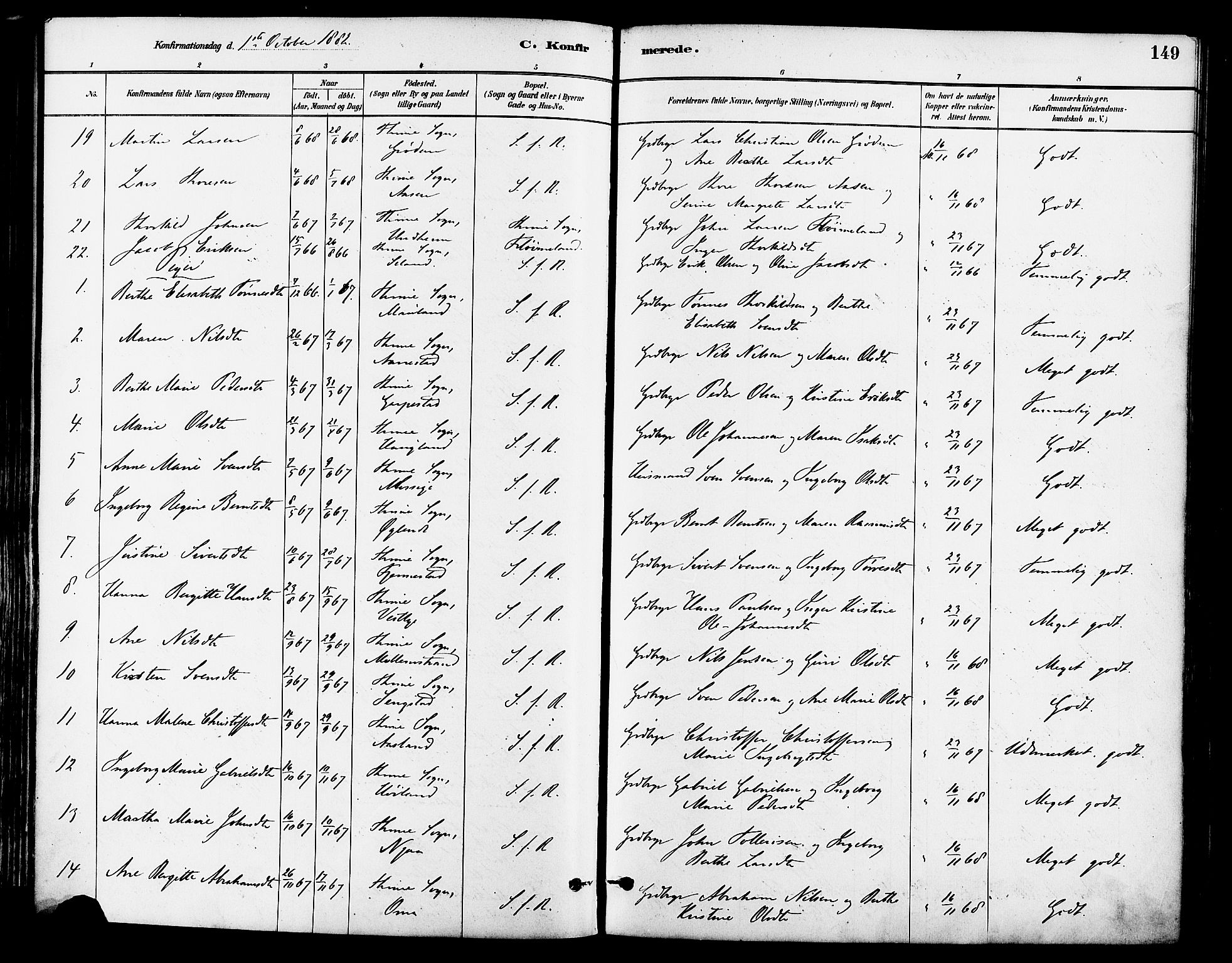 Lye sokneprestkontor, AV/SAST-A-101794/001/30BA/L0009: Parish register (official) no. A 8, 1881-1892, p. 149