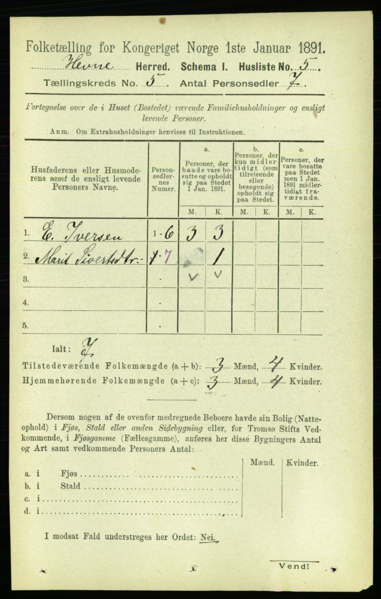 RA, 1891 census for 1612 Hemne, 1891, p. 2349