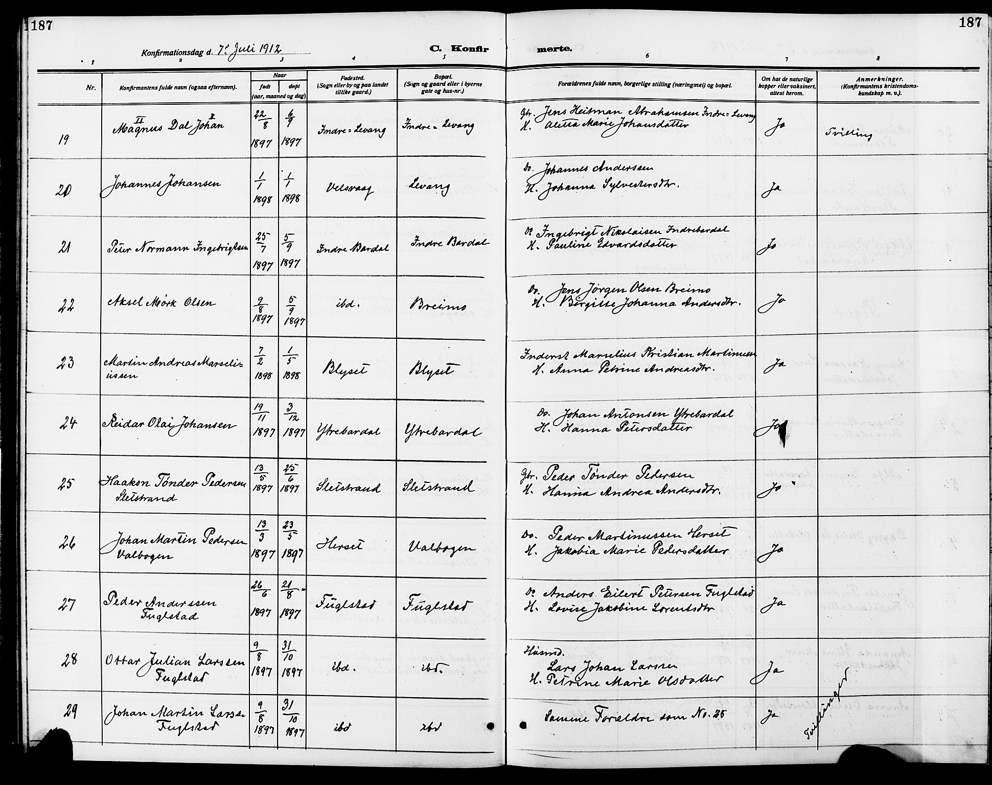 Ministerialprotokoller, klokkerbøker og fødselsregistre - Nordland, AV/SAT-A-1459/838/L0560: Parish register (copy) no. 838C07, 1910-1928, p. 187