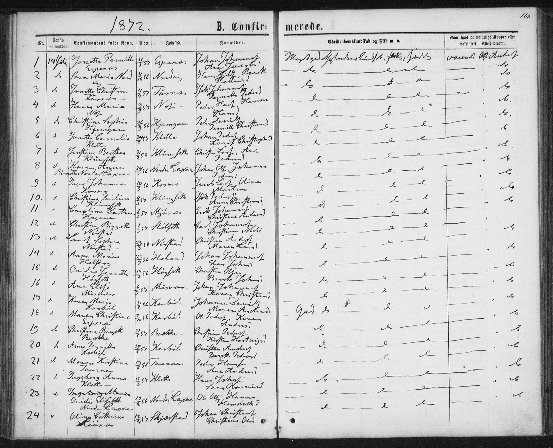 Ministerialprotokoller, klokkerbøker og fødselsregistre - Nordland, AV/SAT-A-1459/852/L0739: Parish register (official) no. 852A09, 1866-1877, p. 168