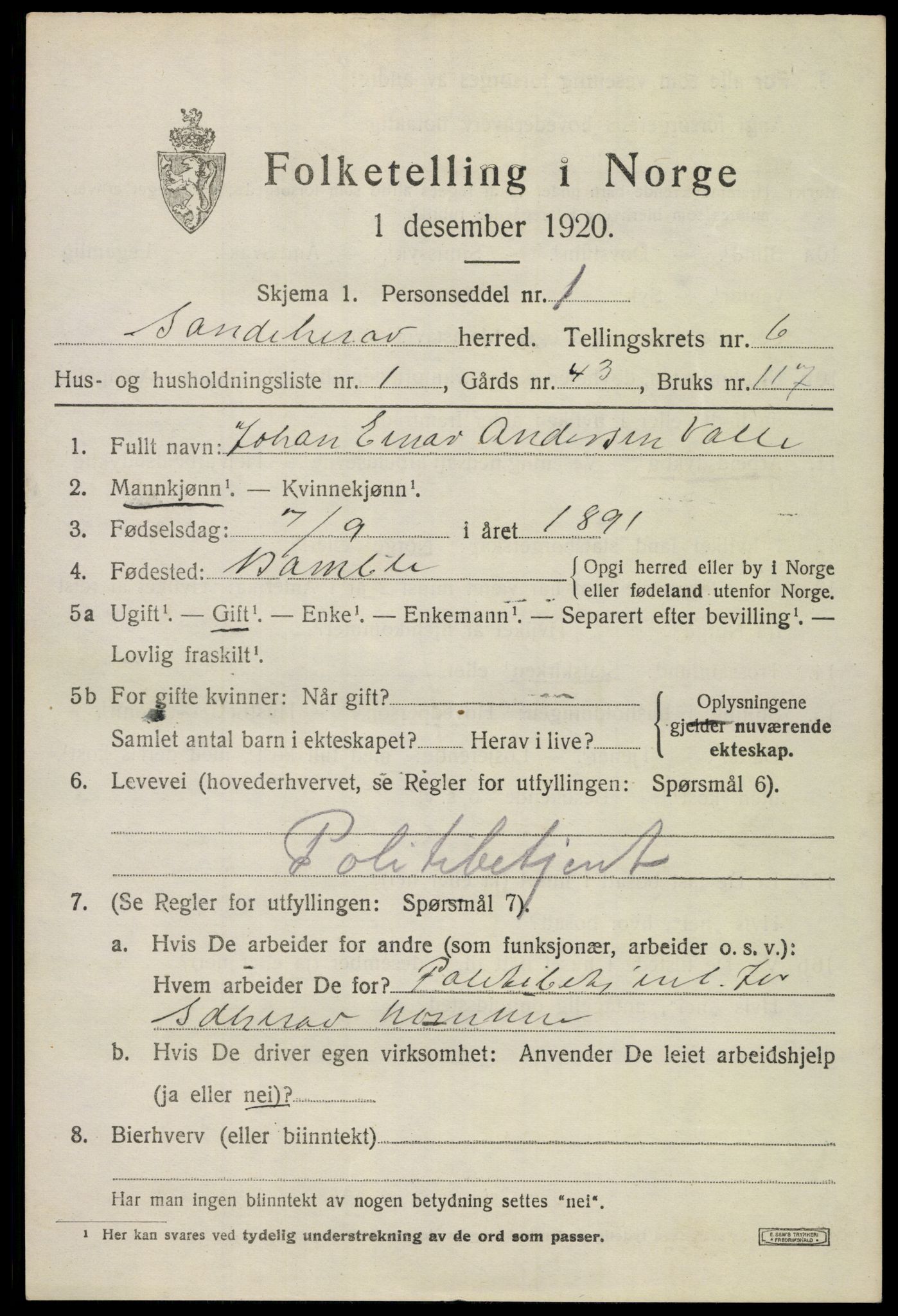 SAKO, 1920 census for Sandeherred, 1920, p. 9558