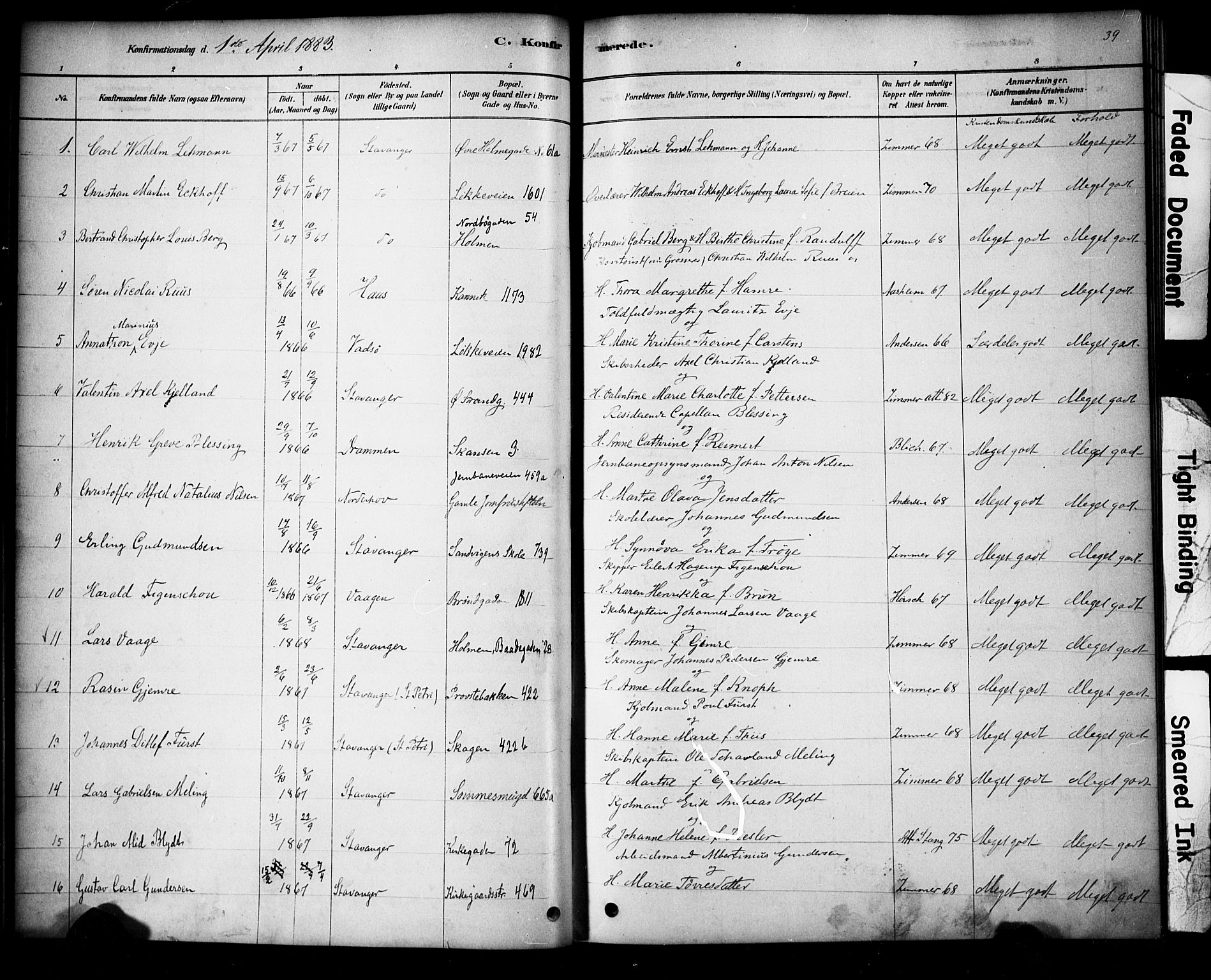 Domkirken sokneprestkontor, SAST/A-101812/001/30/30BA/L0028: Parish register (official) no. A 27, 1878-1896, p. 39