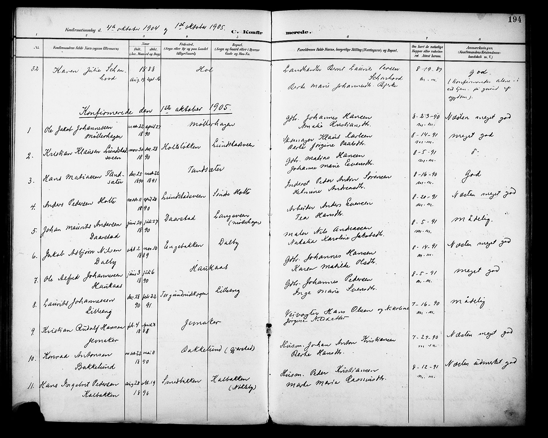 Vestre Toten prestekontor, SAH/PREST-108/H/Ha/Haa/L0013: Parish register (official) no. 13, 1895-1911, p. 194