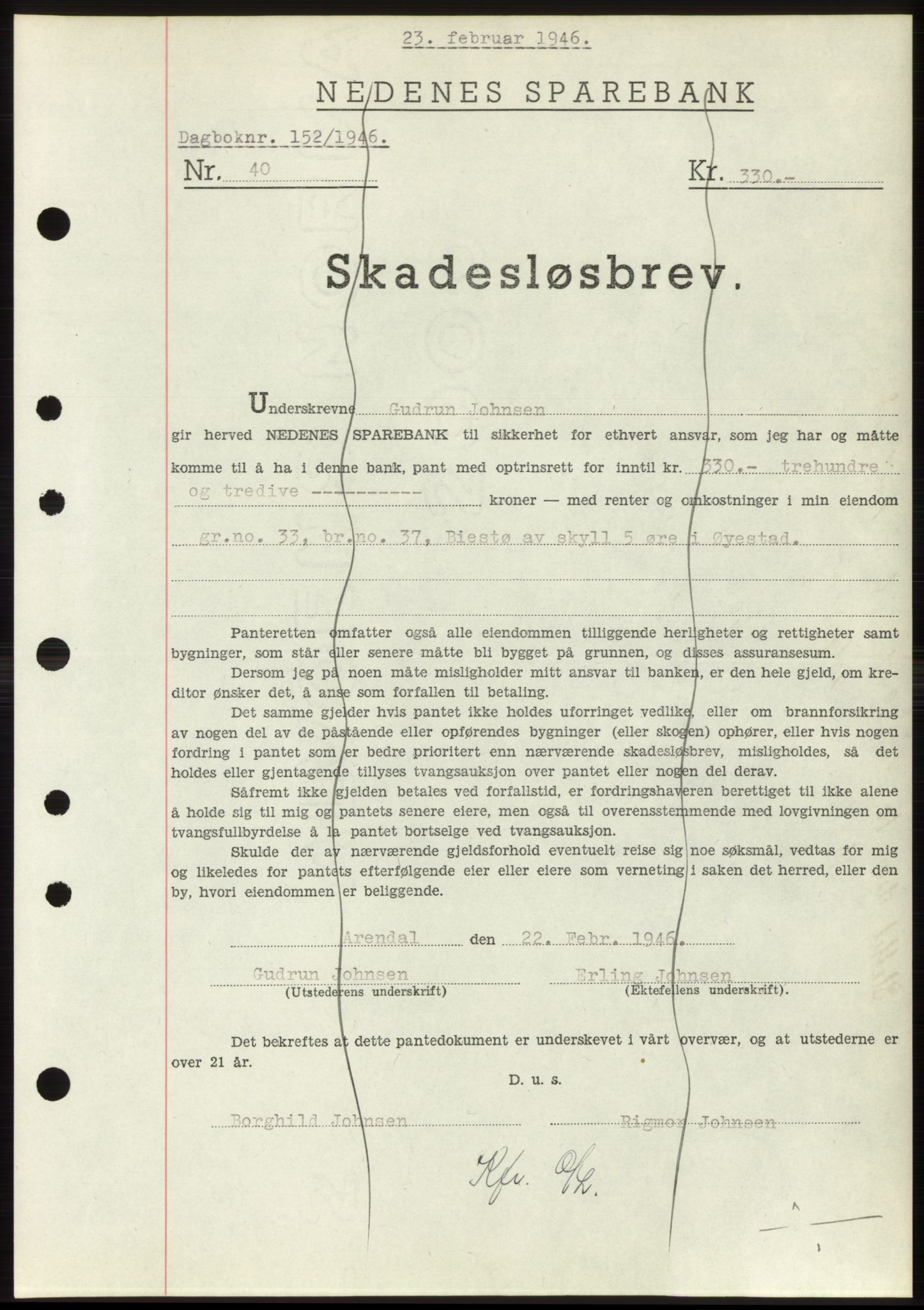 Nedenes sorenskriveri, SAK/1221-0006/G/Gb/Gbb/L0003: Mortgage book no. B3b, 1946-1946, Diary no: : 152/1946