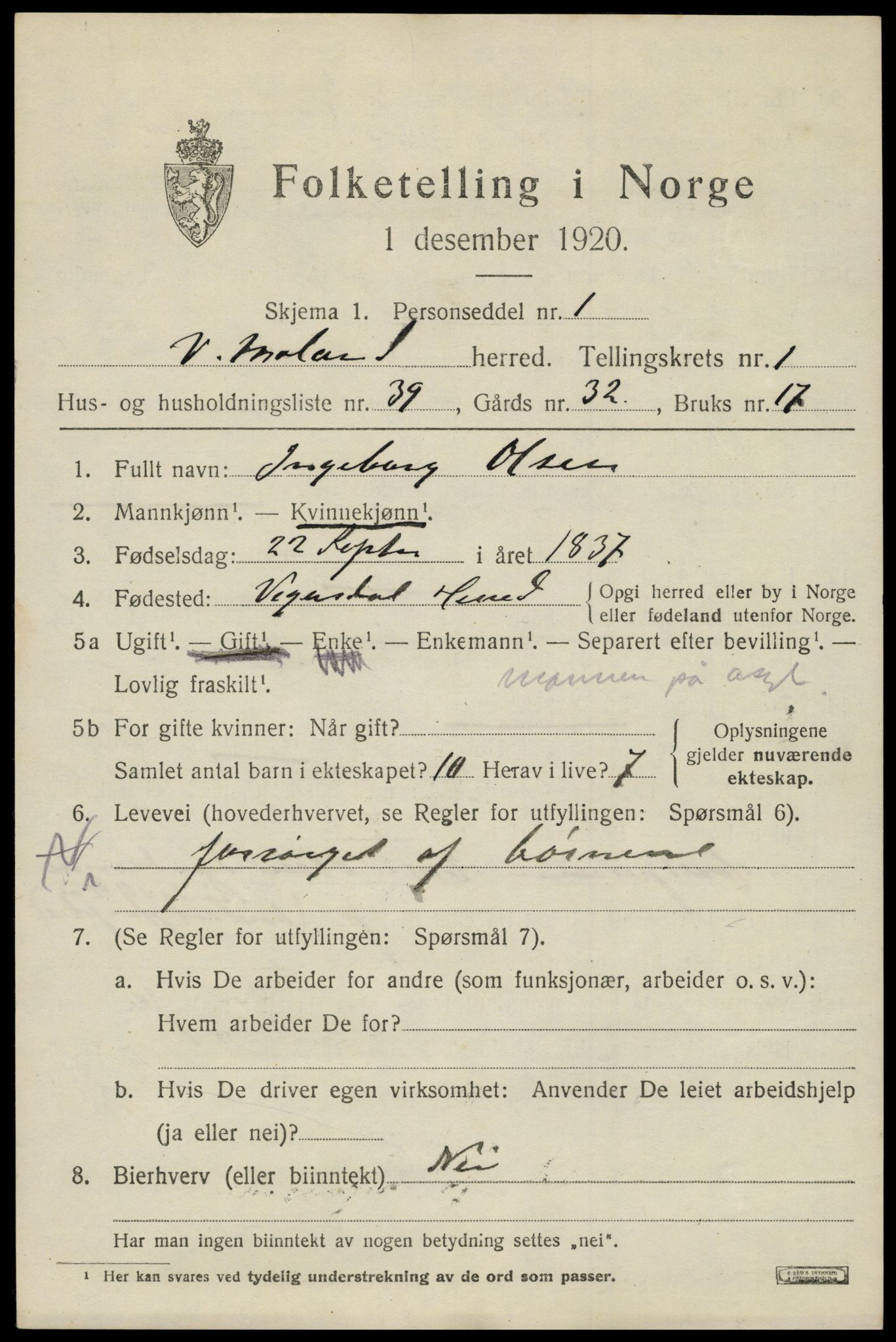 SAK, 1920 census for Vestre Moland, 1920, p. 1411