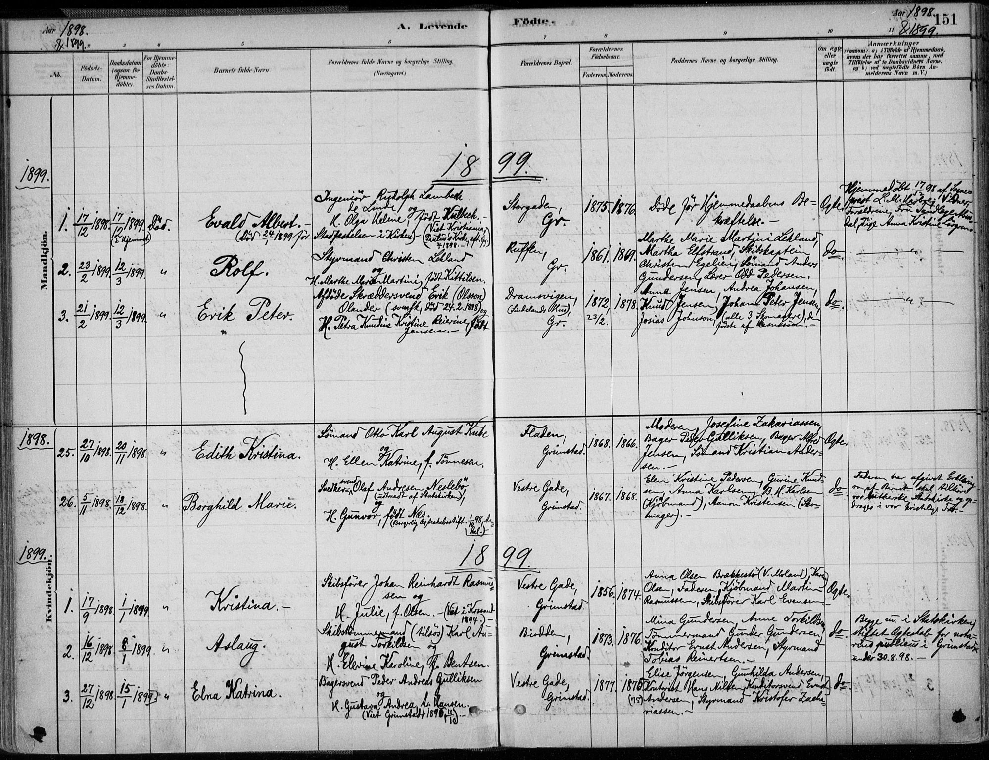 Grimstad sokneprestkontor, SAK/1111-0017/F/Fa/L0003: Parish register (official) no. A 2, 1882-1912, p. 151