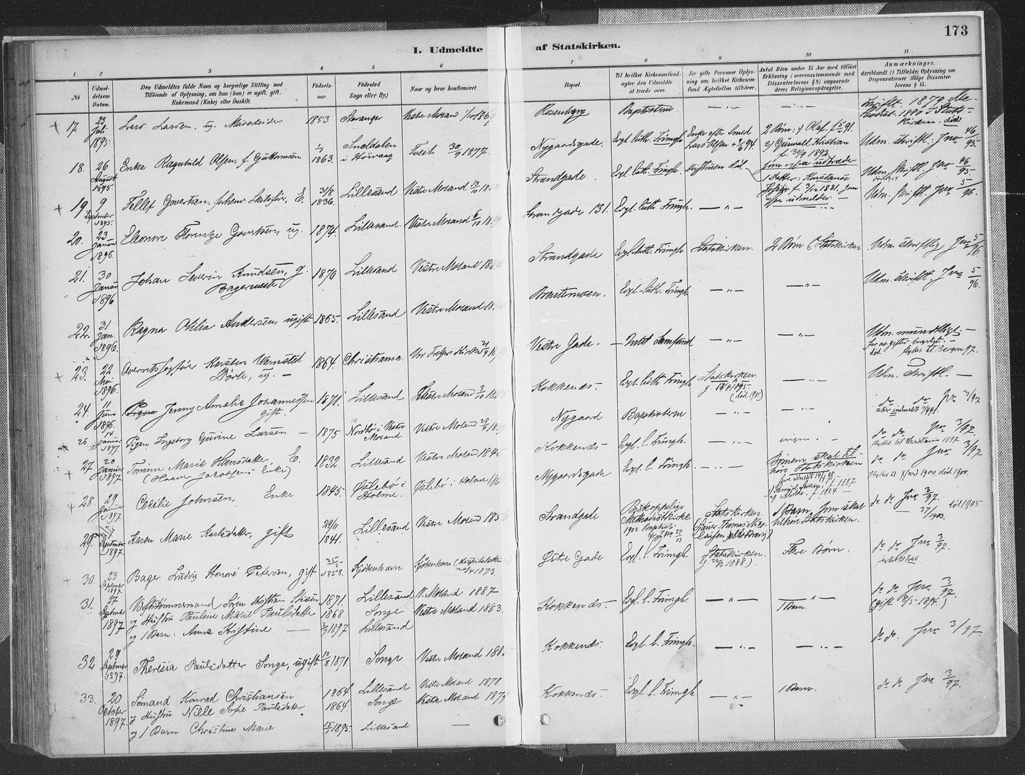 Vestre Moland sokneprestkontor, AV/SAK-1111-0046/F/Fa/Faa/L0001: Parish register (official) no. A 1, 1884-1899, p. 173